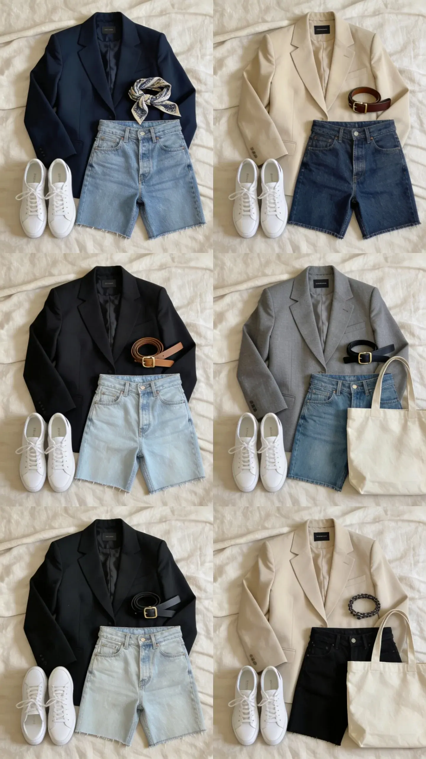 A week’s worth of mix-and-match outfits laid out on a bed using a base palette: Monday to Sunday looks implied through seven grouped ensembles featuring repeated core items (blazer, denim, white sneakers) paired with subtle variations; airy daylight, linen bedspread.