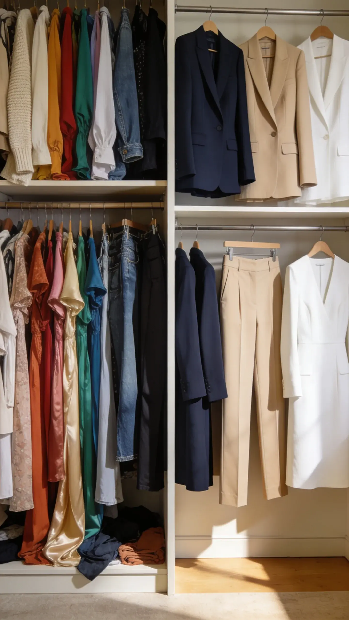 A side-by-side wardrobe evolution: left side chaotic rainbow closet with random silhouettes and textures; right side curated rack of cohesive colors and consistent silhouettes; same room, same lighting, clear before-and-after contrast, no text.