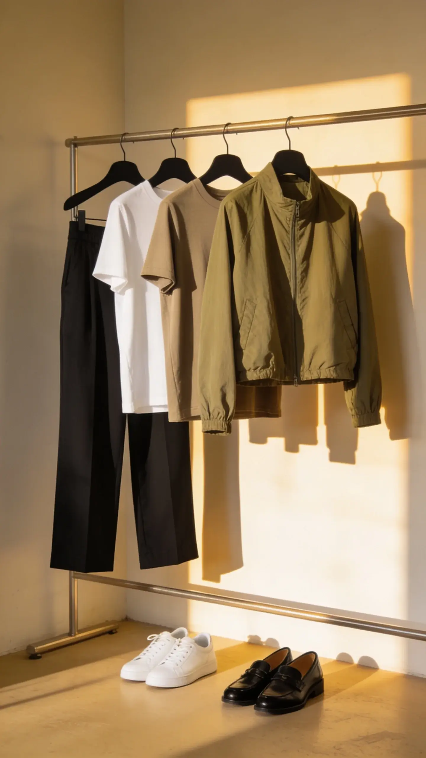 A “mini uniform” concept shown on a clothing rack: repeating silhouette of high-waisted trousers, crewneck tees, and a lightweight jacket in three neutral shades (black, white, olive), paired with two shoe options beneath (white sneakers, black loafers); sunlit corner with minimal decor.