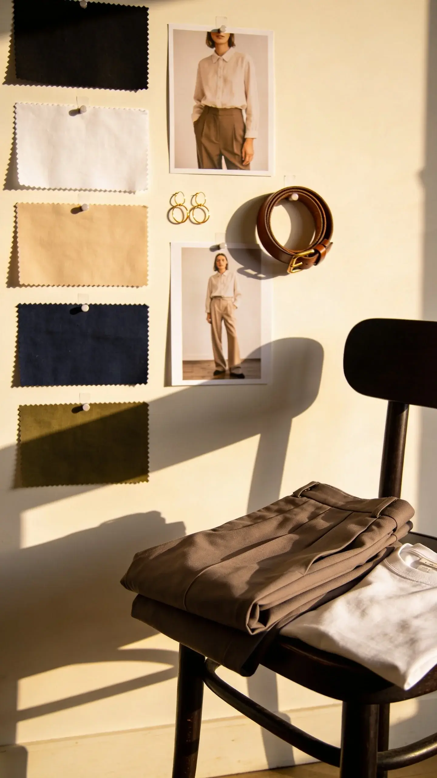 A mood board on a wall featuring fabric swatches in black, white, beige, navy, olive; photos of simple, timeless outfits; small accessories (gold hoop earrings, leather belt) pinned alongside; a pair of neatly folded trousers and a white tee on a nearby chair, warm afternoon light.