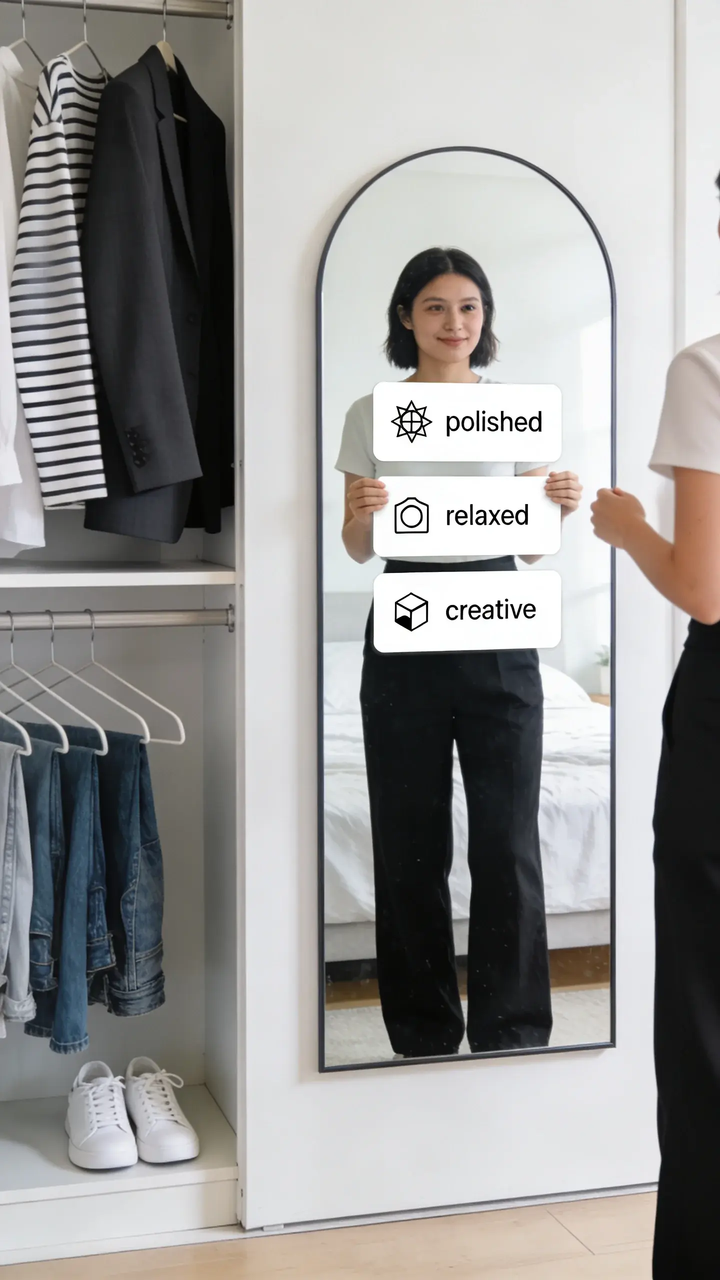 A bright, minimalist bedroom with a full-length mirror, an open clothing rack, and natural morning light; a person stands in front of the mirror wearing a simple monochrome outfit, holding three sticky notes on the mirror that read “polished,” “relaxed,” “creative” replaced by visual icons (no text), with visible repeating elements on the rack like striped tops, tailored blazers, white sneakers, and denim; no text anywhere.