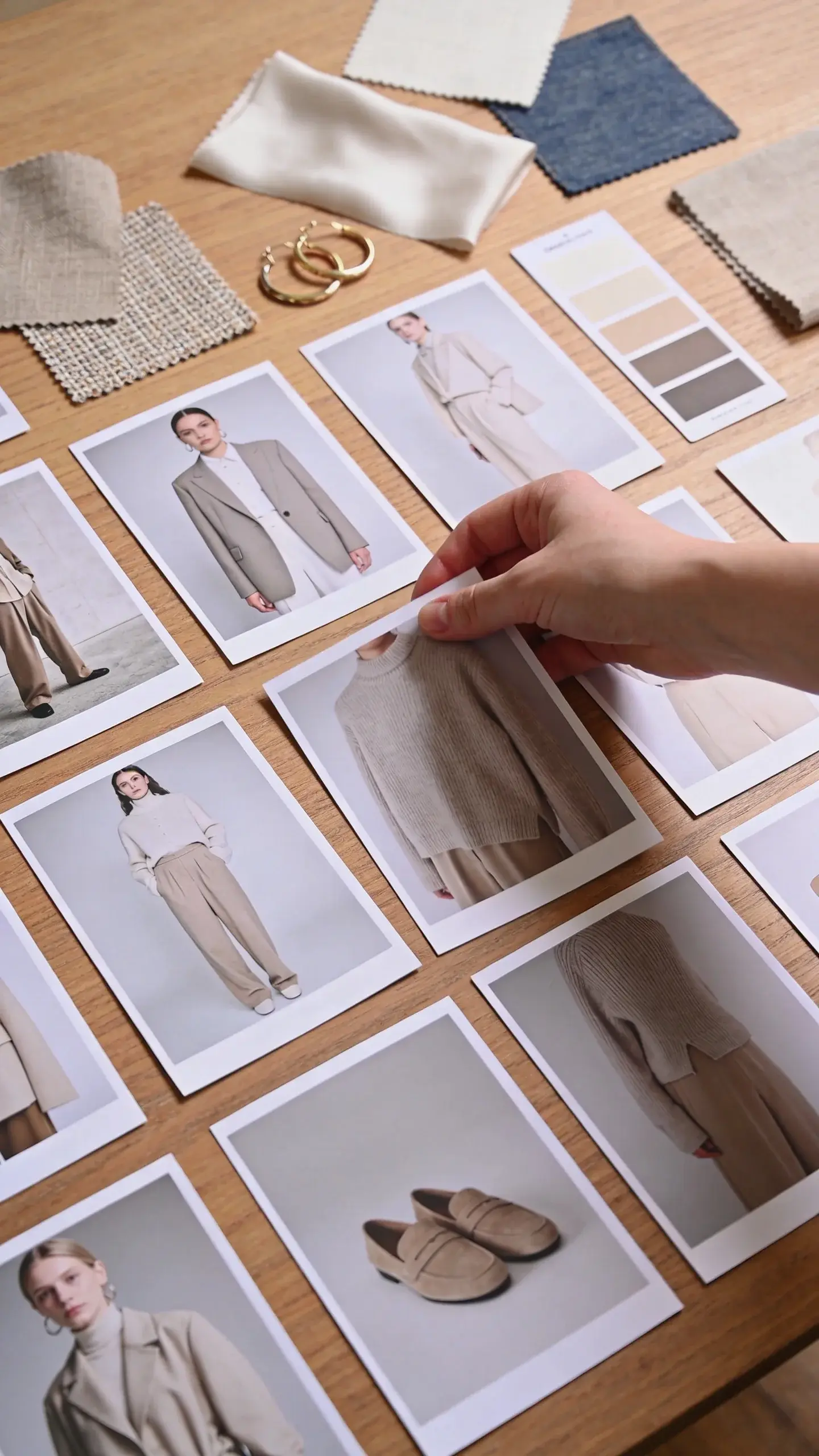 A mood-board style flat lay on a wooden table: 15–20 printed fashion reference photos arranged neatly, showing consistent themes of neutral colors, sharp tailoring, soft knits, and loafers; scattered fabric swatches (tweed, silk, denim), a pair of gold hoop earrings, and a color palette card with swatches only; a hand placing the last photo; no text.