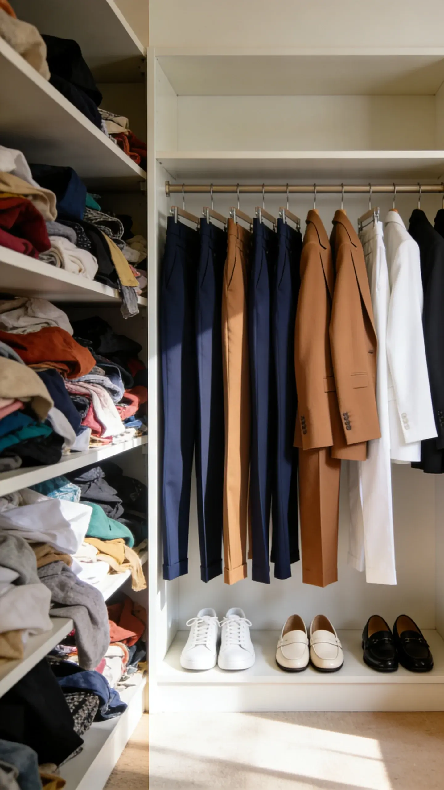 A split-closet scene: left side chaotic with mismatched colors and random pieces crammed together; right side edited and cohesive with repeated shapes (straight-leg pants, structured blazers), repeating footwear (white sneakers, loafers), and a clear color story (navy, camel, white, black); morning light emphasizing the right side; no text.