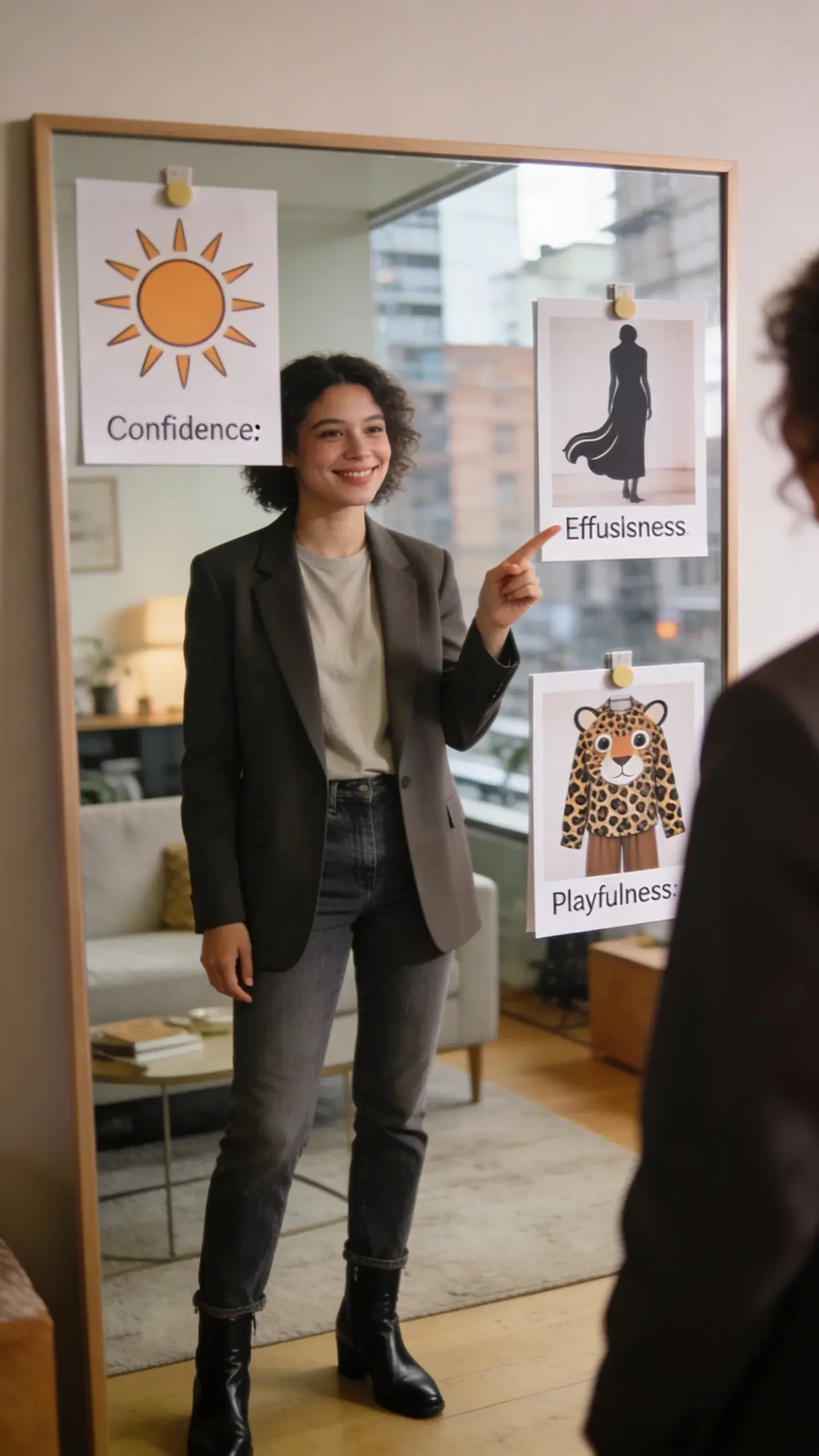 A person doing the “Mirror Monologue” test: standing in front of a mirror in an urban apartment, softly smiling, pointing to three pinned images around the mirror that visually represent confidence, effortlessness, and playfulness through symbols and outfit snapshots (no words); outfit is a balanced mix—tailored blazer, relaxed tee, straight-leg jeans, sleek boots; no text.