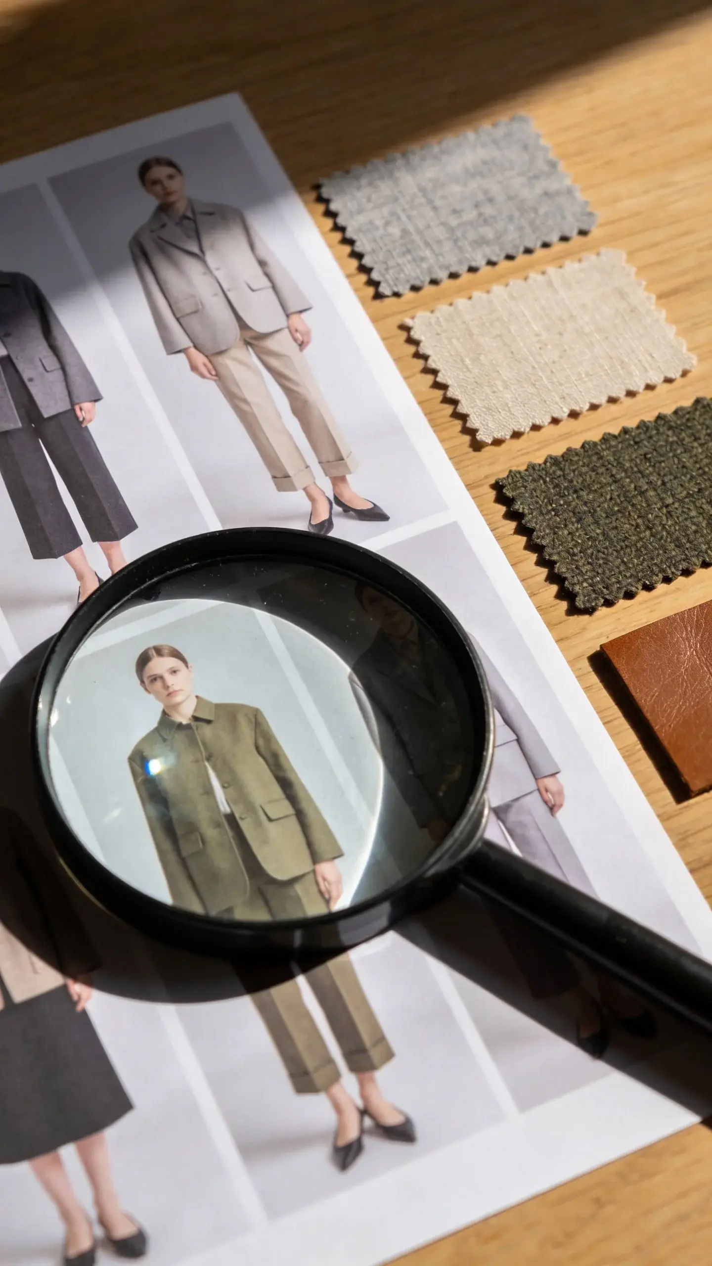 A fashion detective scene: tabletop with a magnifying glass over a collage of outfit photos, highlighting repeating details like pointed-toe flats, cropped trousers, boxy jackets, and a muted palette; fabric textures (linen, wool, leather) arranged in small swatches; sunlight casting shadows; no text.