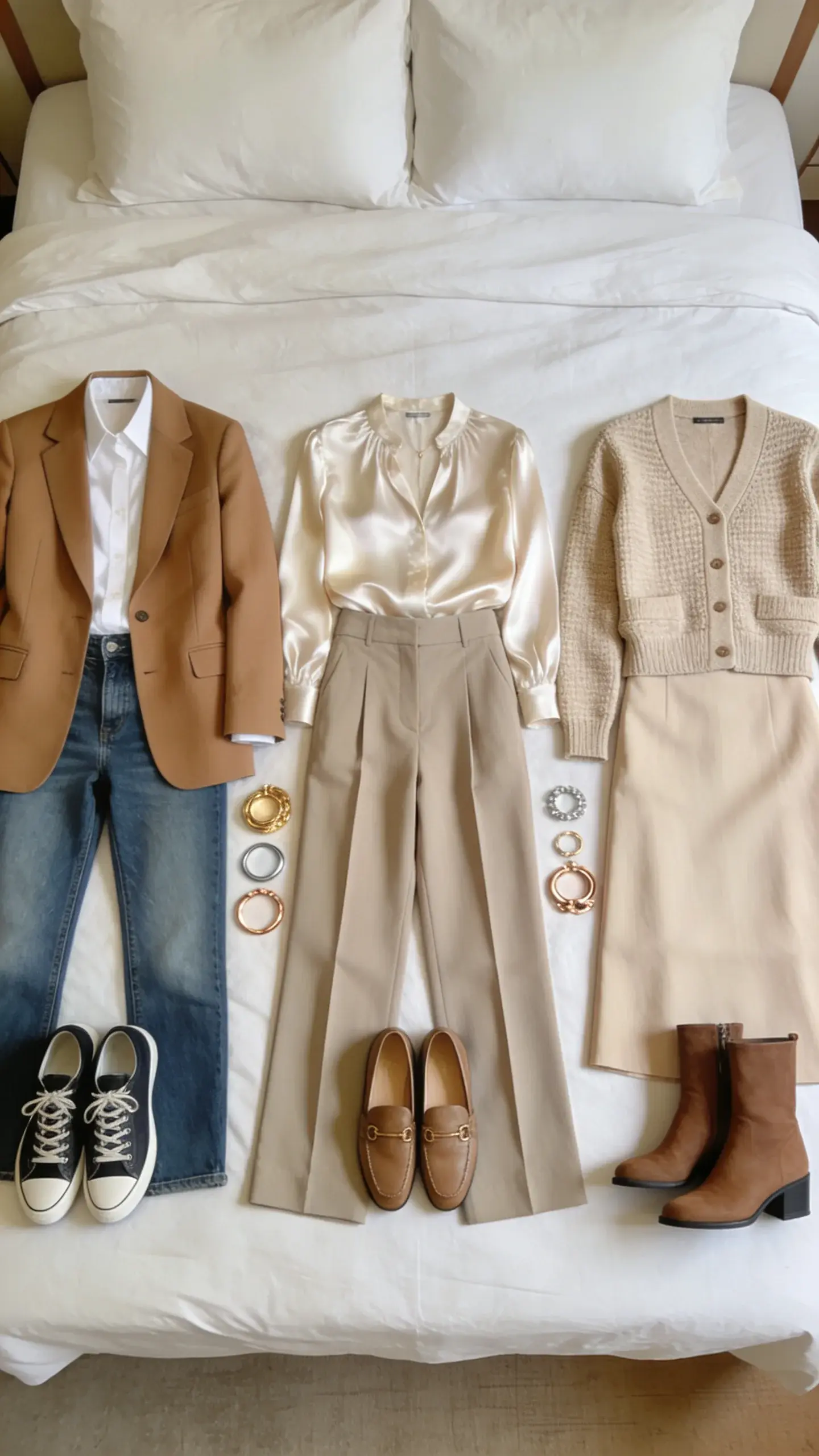 A try-on session: bed neatly arranged with three complete outfits that each reflect a consistent vibe—polished-relaxed-creative—featuring a camel blazer, crisp white shirt, indigo jeans, sleek sneakers; a silk blouse with wide-leg trousers and loafers; a structured cardigan with midi skirt and ankle boots; accessories grouped by metal tone; no text.