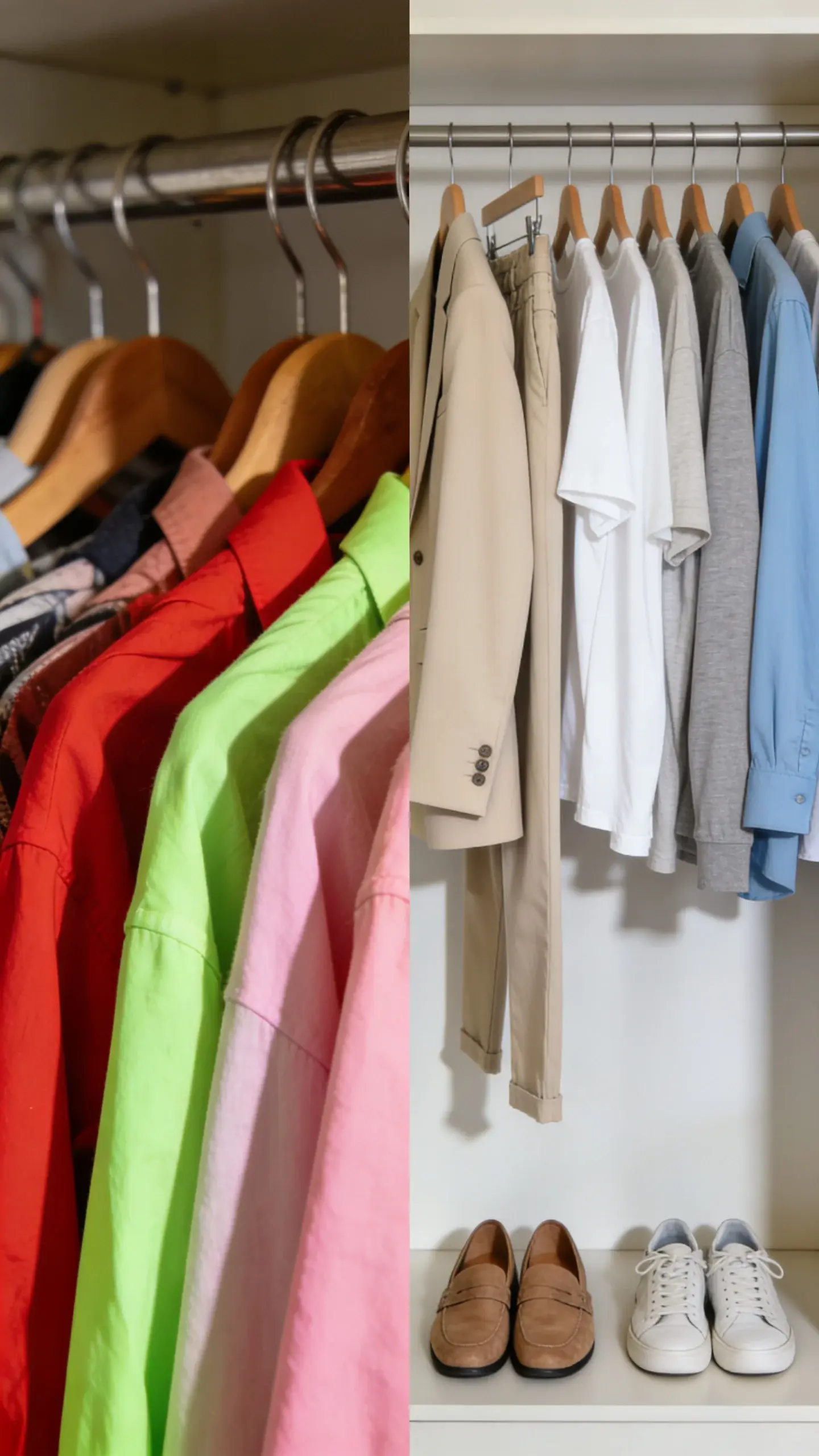A closet edit before-and-after diptych: left panel shows cluttered hangers and clashing colors; right panel shows curated rail organized by shape (blazers, straight pants, tees), repeated neutral tones and one accent color, with two consistent shoe styles beneath (loafers, sneakers); same angle, soft daylight; no text.