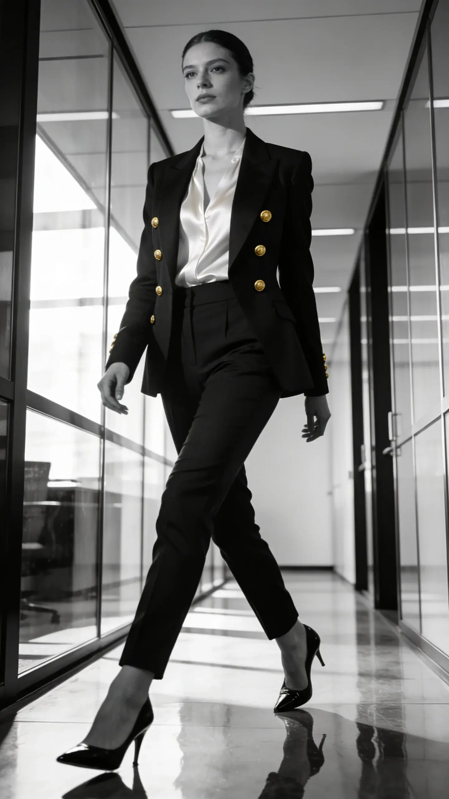 A power look: black double-breasted blazer with gold buttons, white silk blouse, high-waisted tailored black trousers, pointed black pumps; subject striding through an office corridor with glass partitions, confident stride, hair neatly pulled back.