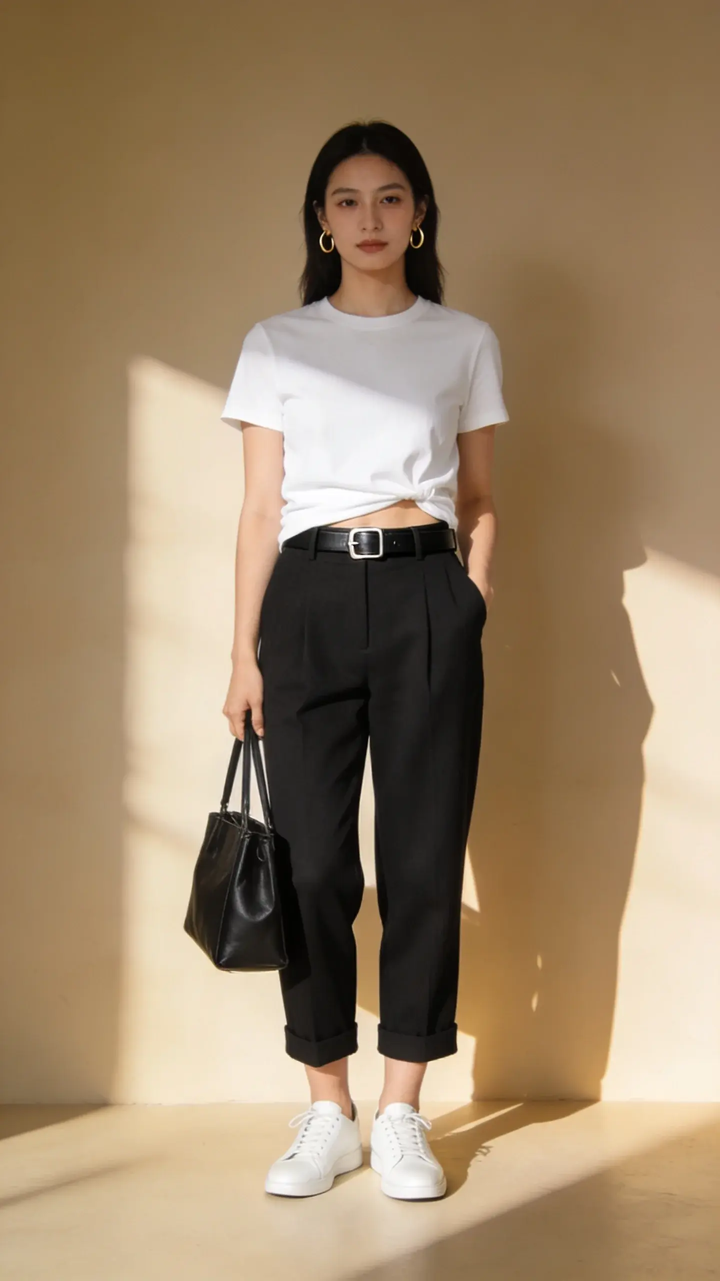 A minimalist, sunlit studio scene of a woman wearing a crisp white crewneck tee half-tucked into high-waisted, slightly relaxed black wool-blend tailored trousers cropped at the ankle, with clean white leather sneakers; add a slim black belt with a simple silver buckle, a structured black tote, and delicate gold hoop earrings; neutral backdrop, soft shadows, no text.