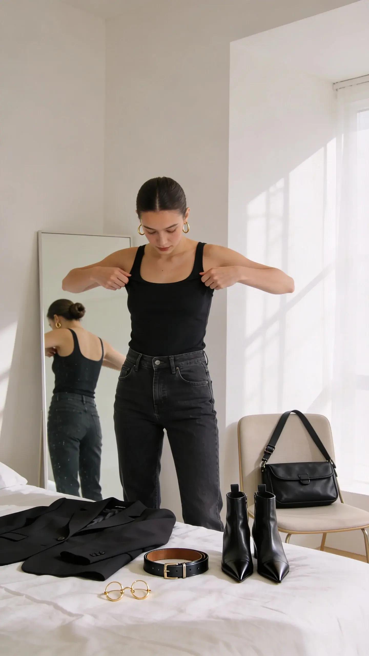 A modern minimalist bedroom scene with soft morning light: a person quickly pulling on a fitted black tank and dark, straight-leg dark-wash jeans. On the bed: a structured black blazer, gold hoop earrings, a slim black leather belt, and black pointed-toe ankle boots. In the mirror, a sleek low bun; on a chair, a black crossbody bag. No text.
