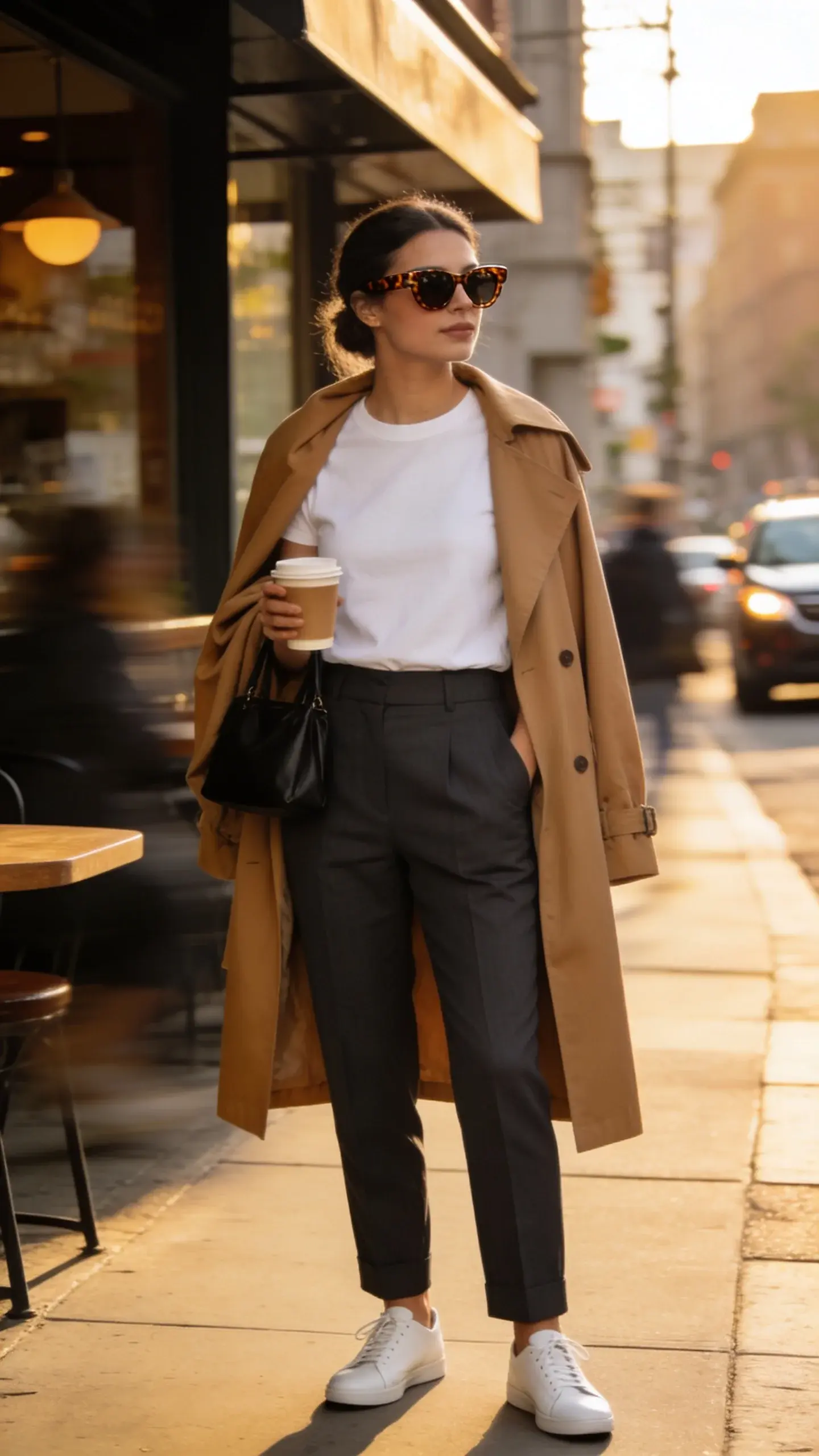 Urban sidewalk outside a café at golden hour: a woman in a crisp white crewneck tee tucked into high-waisted charcoal tailored trousers, white leather sneakers, tortoiseshell sunglasses, and a camel trench draped over shoulders. She carries a small black tote and a takeaway coffee; background shows blurred city bustle. No text.