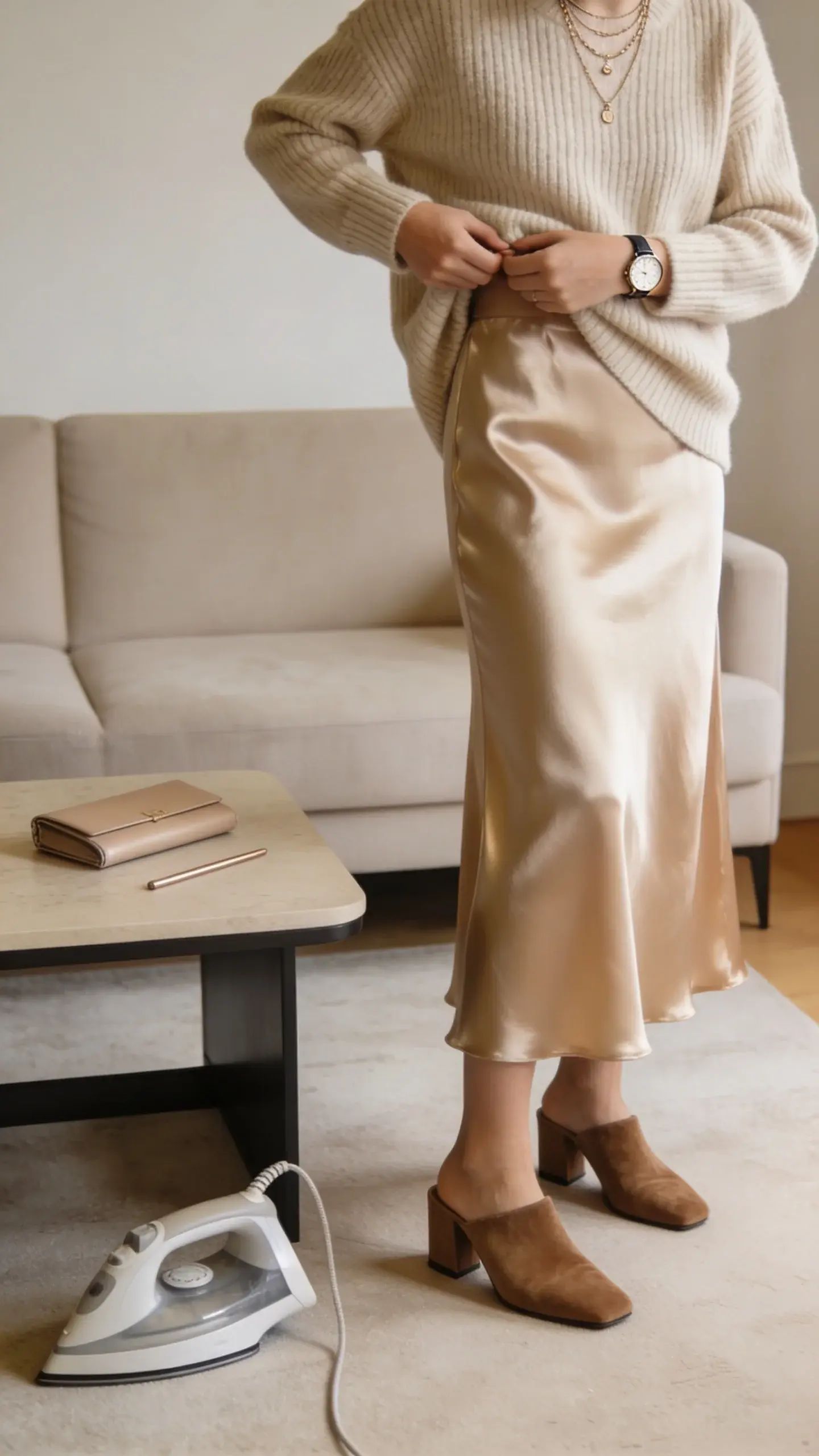 Cozy living room with neutral tones: a person adjusting a beige ribbed knit sweater over a soft satin midi skirt in champagne, paired with suede block-heel mules. Delicate layered necklaces, a slim watch, and a minimalist clutch on a coffee table. A steamer on the floor, unused—fabrics look smooth and unwrinkled. No text.