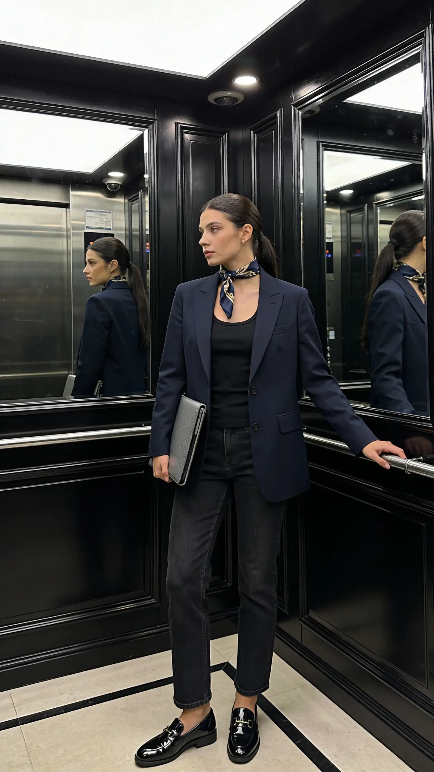 Workplace elevator interior: a quick office-to-meeting upgrade. Base is black tank + dark jeans; added sharp navy blazer, patent loafers, and a silk scarf tied at the neck. Hair in a polished ponytail; holding a laptop sleeve. Subtle reflections in elevator mirror enhance the sleek look. No text.