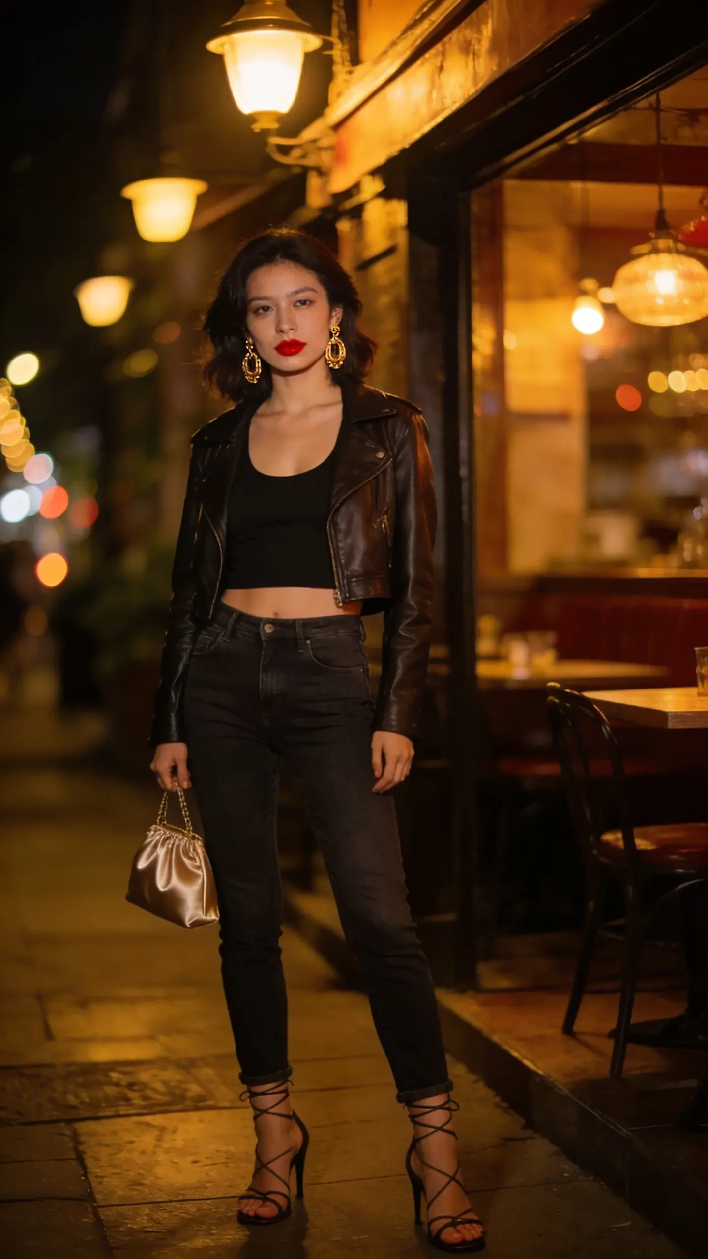 Last-minute dinner date outside a dimly lit restaurant: same black tank + dark jeans base, elevated with strappy heeled sandals, a cropped leather jacket, bold red lipstick, and statement gold earrings. A small satin evening bag in hand; warm streetlights and bokeh in the background. No text.