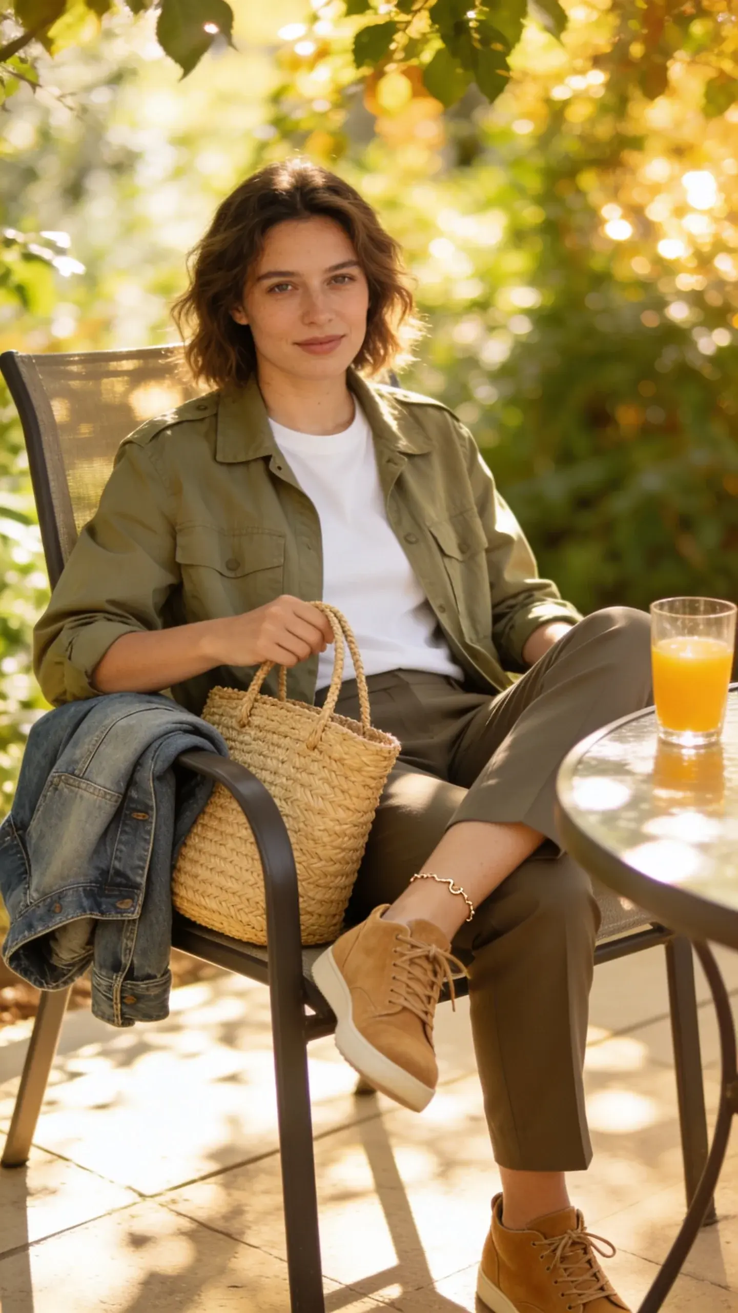 Weekend brunch patio scene: white tee + tailored trousers base remixed with a lightweight olive utility jacket, tan suede sneakers, a woven straw tote, and a delicate anklet. A folded denim jacket on the chair, orange juice on the table, and dappled sunlight through leaves. No text.