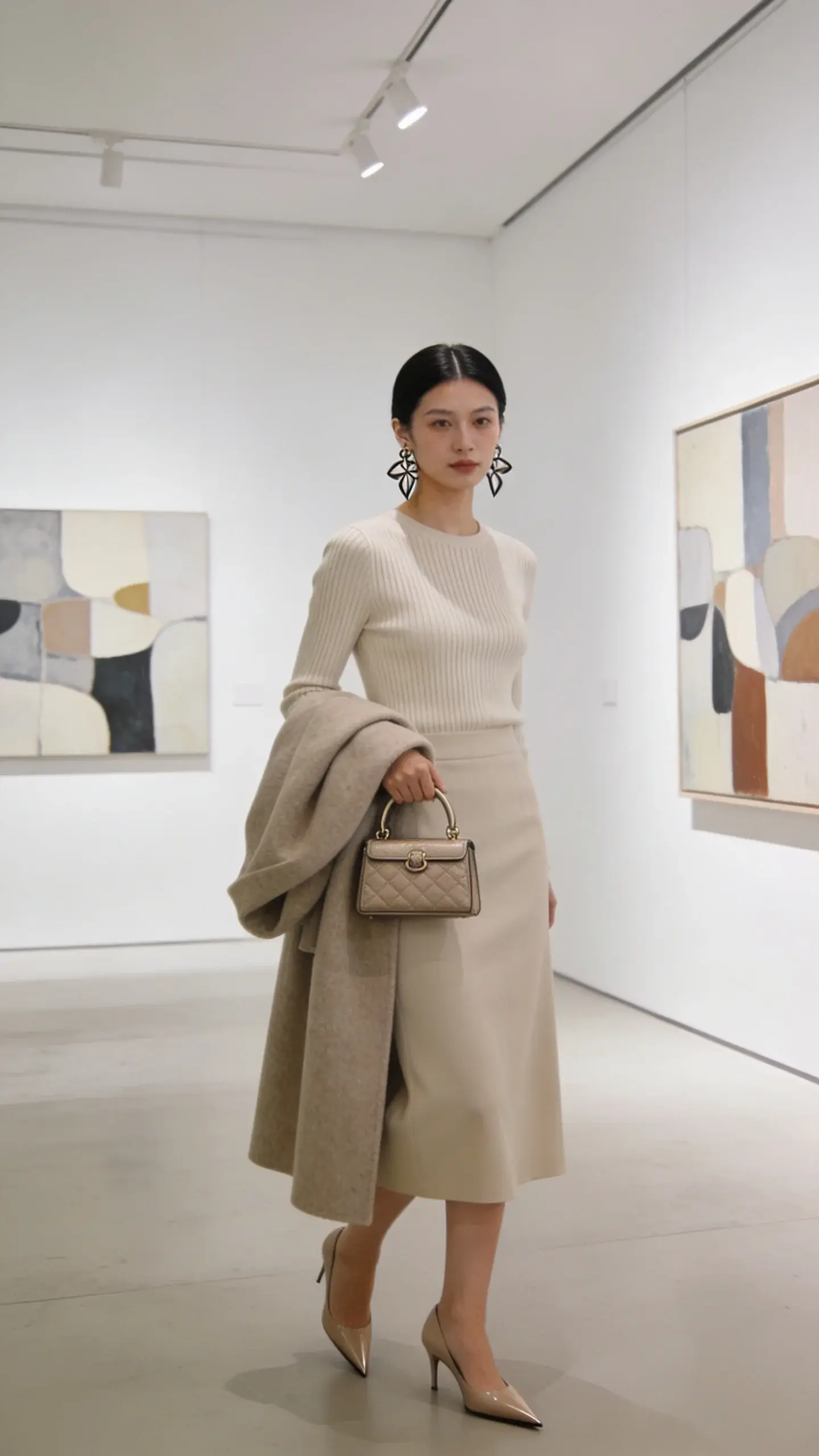 Gallery opening interior with white walls and abstract art: neutral ribbed knit + midi skirt base, styled with pointed-toe kitten heels, a structured mini top-handle bag, sculptural earrings, and a sleek middle-part hairstyle. A long lightweight wool coat draped over one arm. No text.