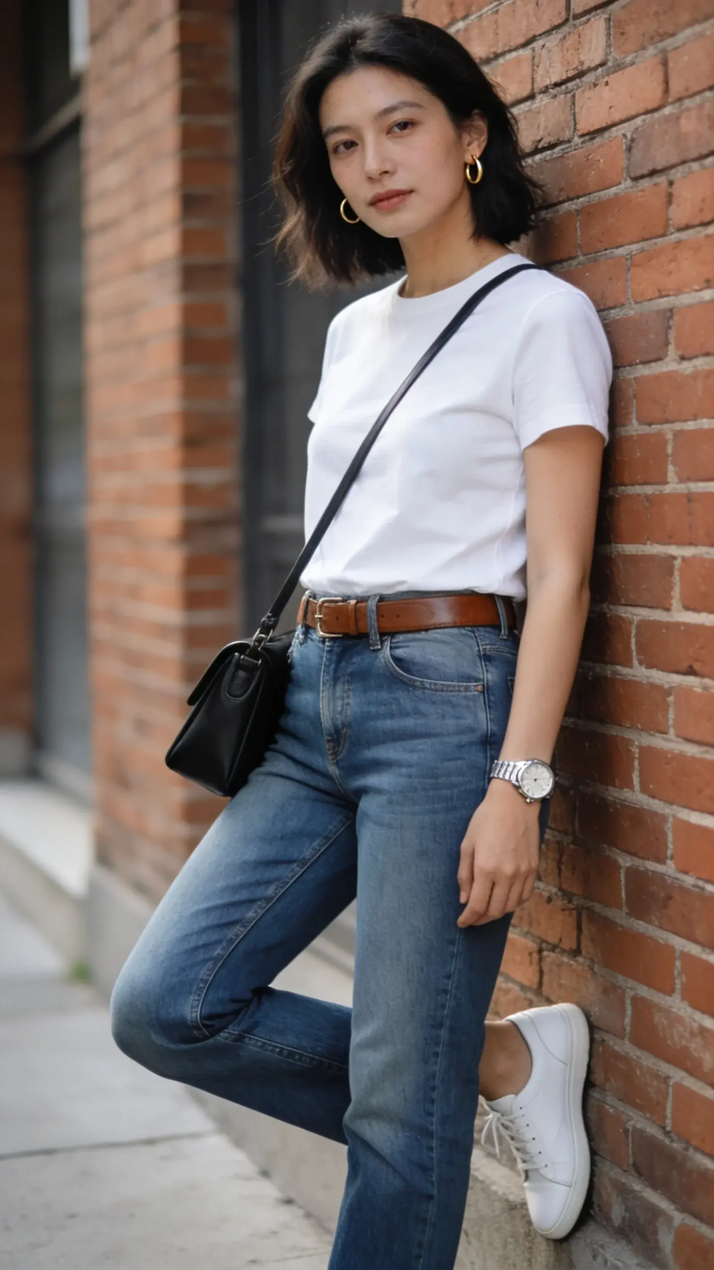 Daylight street style shot of a woman leaning against a brick wall wearing a crisp white crew-neck tee tucked into mid-rise straight-leg medium-wash blue jeans, slim brown leather belt, minimalist white leather sneakers, small gold hoop earrings, classic silver watch, carrying a black structured crossbody bag; soft natural lighting, shallow depth of field, no text, no logos.