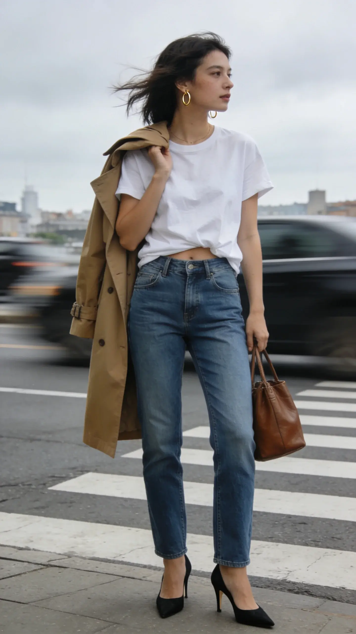 Urban crosswalk shot of a woman in a slouchy slightly oversized white tee half-tucked into high-rise straight blue jeans, tan trench coat draped over shoulders, kitten-heel black slingbacks, thin gold hoop earrings, brown leather tote, windswept hair, overcast daylight, city blur in background.