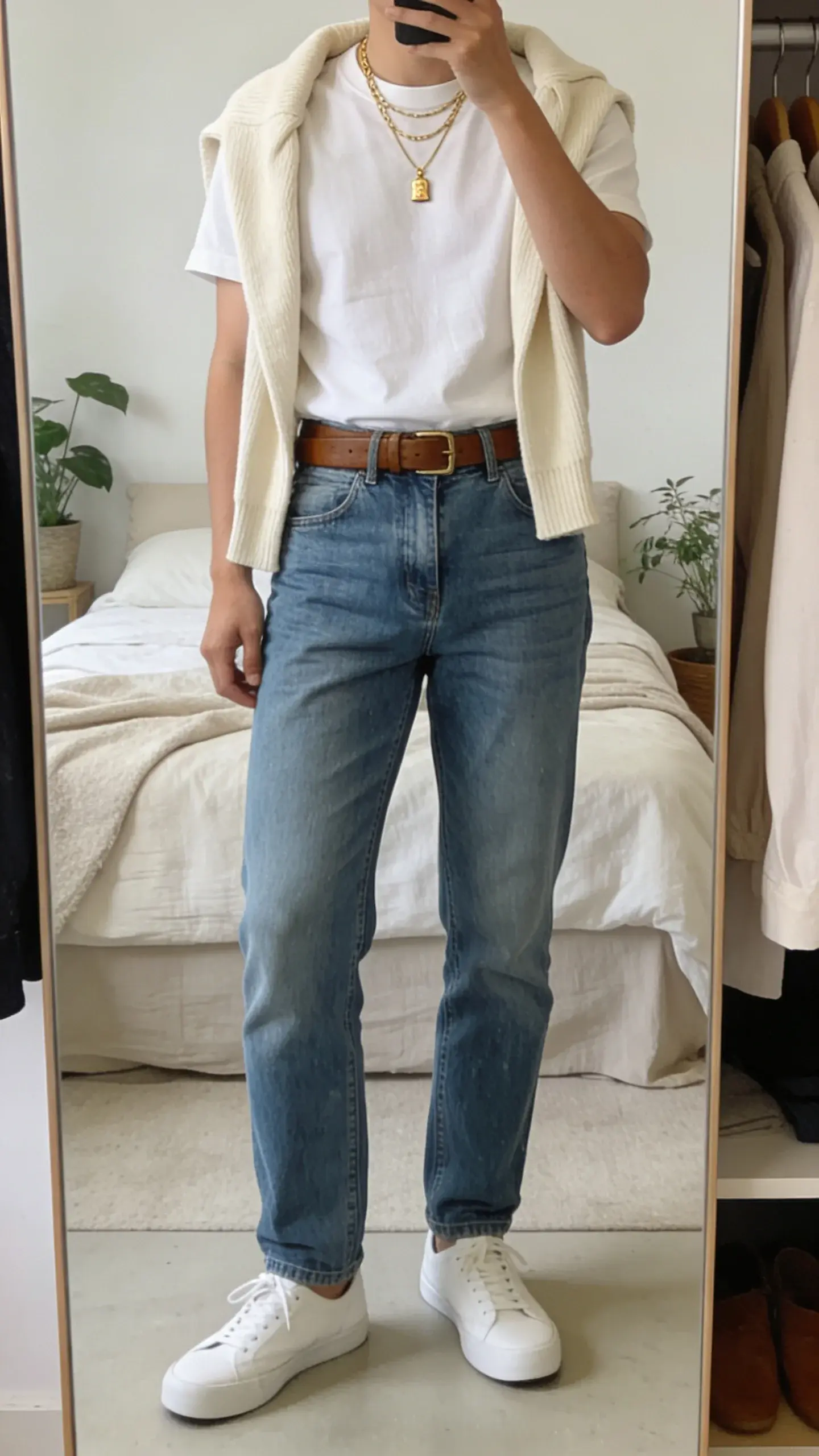 Closet mirror selfie style (without showing the phone): subject in a clean, minimal bedroom wearing a thick cotton white tee tucked into straight-leg classic blue jeans, cream cardigan tied over shoulders, white low-profile sneakers, brown belt, layered gold necklace with small pendant, neutral bedding and plants in background, soft diffused light.