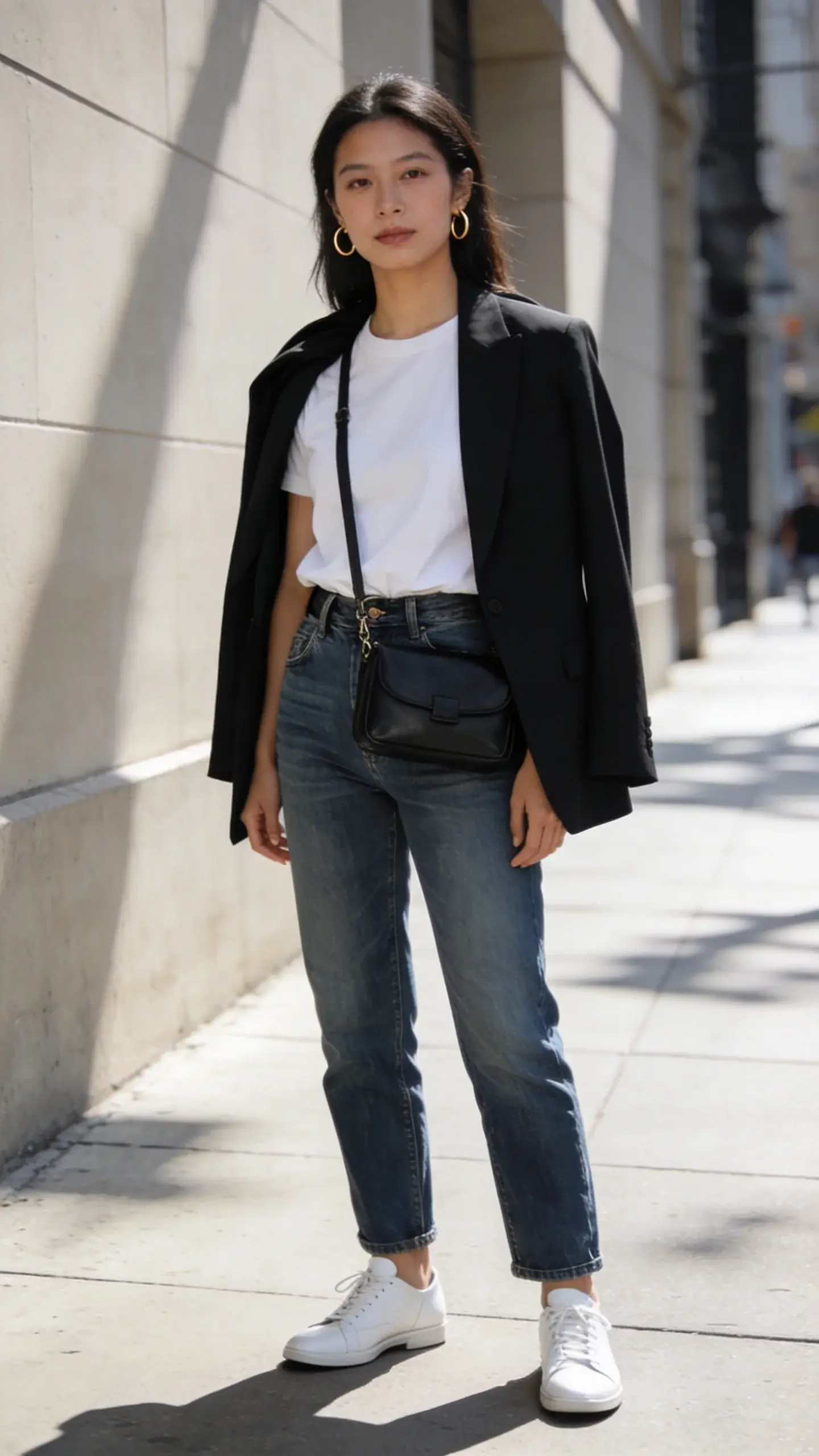 Street-style photo of a woman in mid-wash straight-leg jeans, crisp white tee tucked in, black tailored blazer over shoulders, white leather sneakers, structured black crossbody, minimal gold hoops; standing on a sunlit city sidewalk with soft shadows, neutral backdrop, no text.