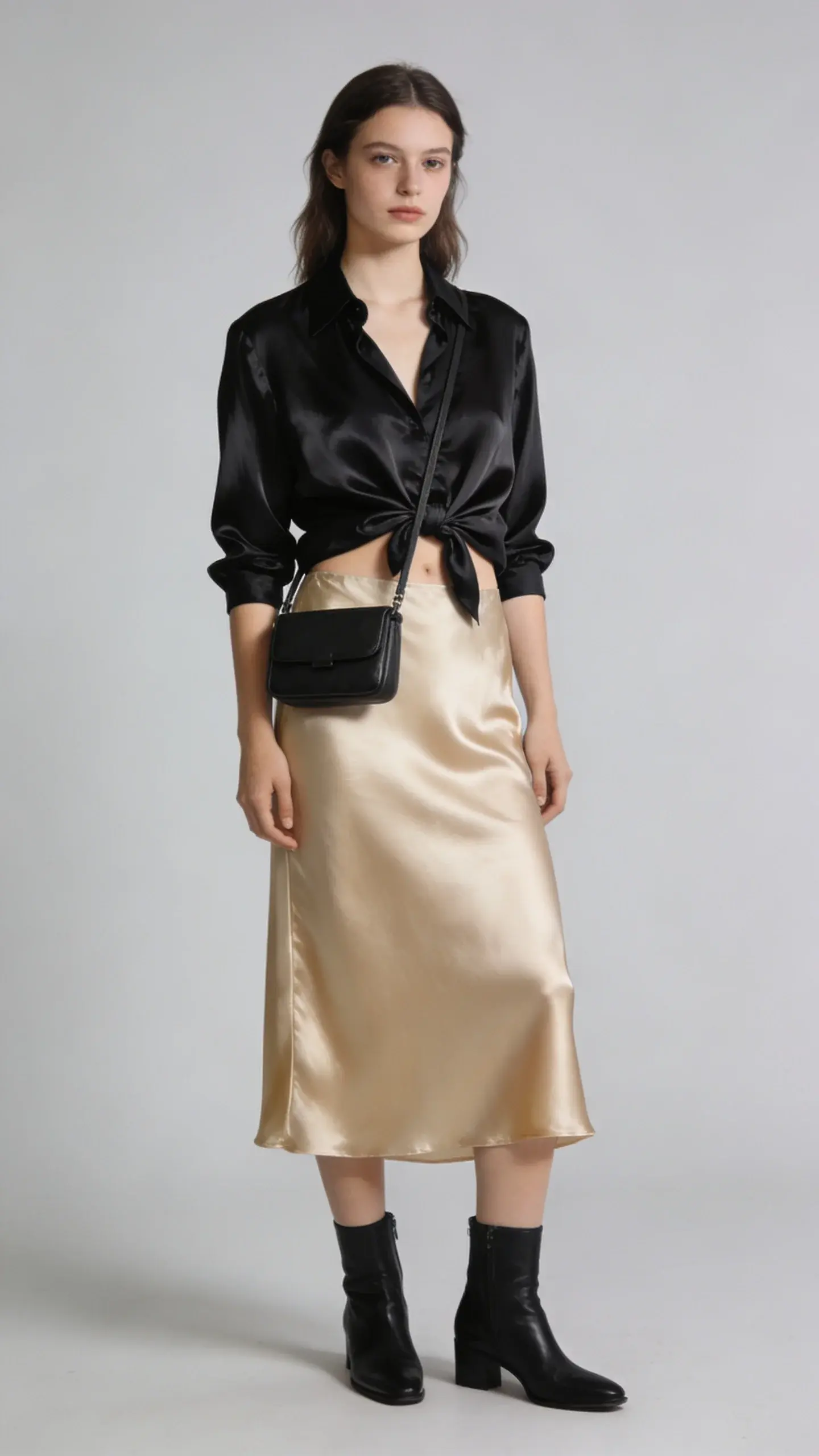 Minimalist studio shot of a slip skirt in champagne paired with a black silk blouse half-tucked, black ankle boots, and a compact structured crossbody; model in a relaxed stance, clean light-gray background, soft natural lighting emphasizing satin sheen.