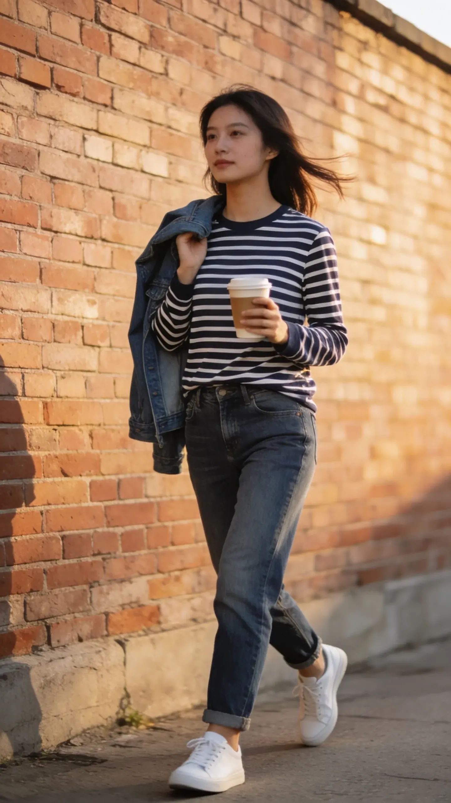 Casual weekend look: striped navy-and-white long-sleeve tee with denim jacket draped over, straight-leg jeans, white sneakers; model holding a coffee and walking past a muted brick wall; subtle wind movement, warm afternoon light, no branding.