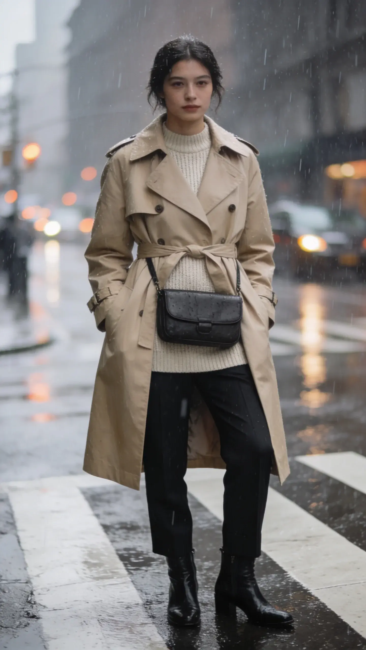 Transitional trench outfit: beige trench coat belted over a lightweight knit in oatmeal, black tailored trousers, black ankle boots, structured crossbody worn under the trench; rainy-day city crosswalk with reflections on wet pavement, soft diffused light.