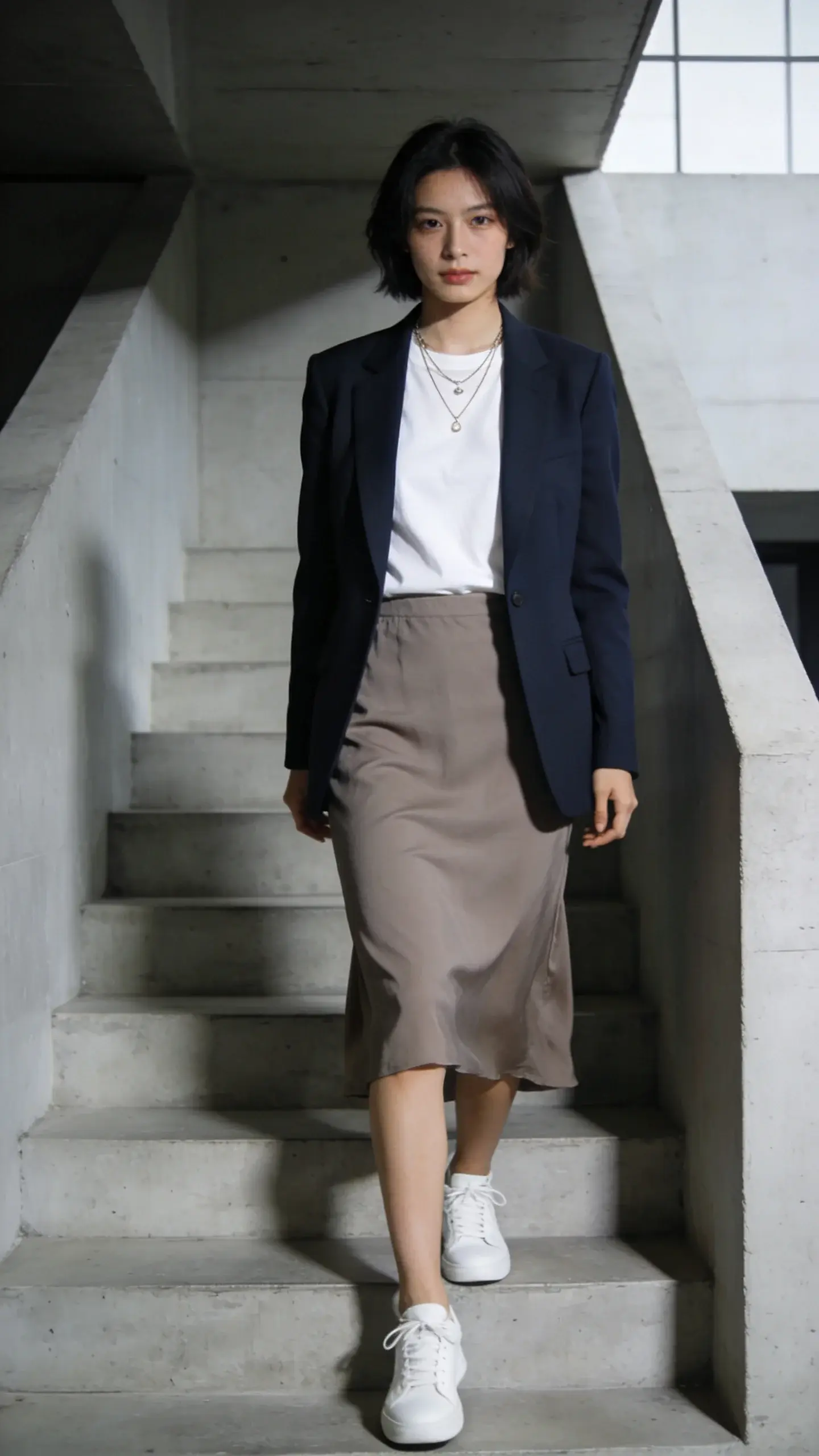 Elevated casual: white tee under a navy tailored blazer, slip skirt in taupe, white sneakers, delicate layered necklaces; model mid-step on a minimalist concrete staircase; cool-toned lighting, clean architectural lines.