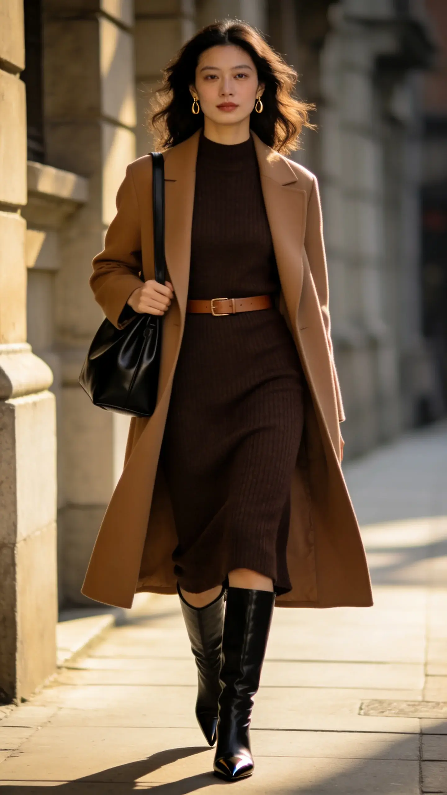 Ultra-realistic street-style photo of a sophisticated woman embodying quiet luxury, walking down a sunlit city sidewalk in the early morning. She wears a midi-length knit column dress in deep chocolate with a subtle weight and fluid drape that skims the body, paired with a tailored longline camel coat worn open. Sleek black knee-high leather boots with a refined almond toe, a slim tone-on-tone leather belt lightly cinching the waist, and minimal gold drop earrings. She carries a polished black leather shoulder bag with clean lines under her arm. Natural, softly blown-out hair, minimal makeup with a satin skin finish. Background features muted stone architecture, soft shadows, and a shallow depth of field to emphasize texture and silhouette. Lighting is soft and directional, highlighting the fabric’s weight and the coat’s structure, with neutral, warm color grading for a timeless, high-end editorial feel. 50mm lens, eye-level composition, no text.