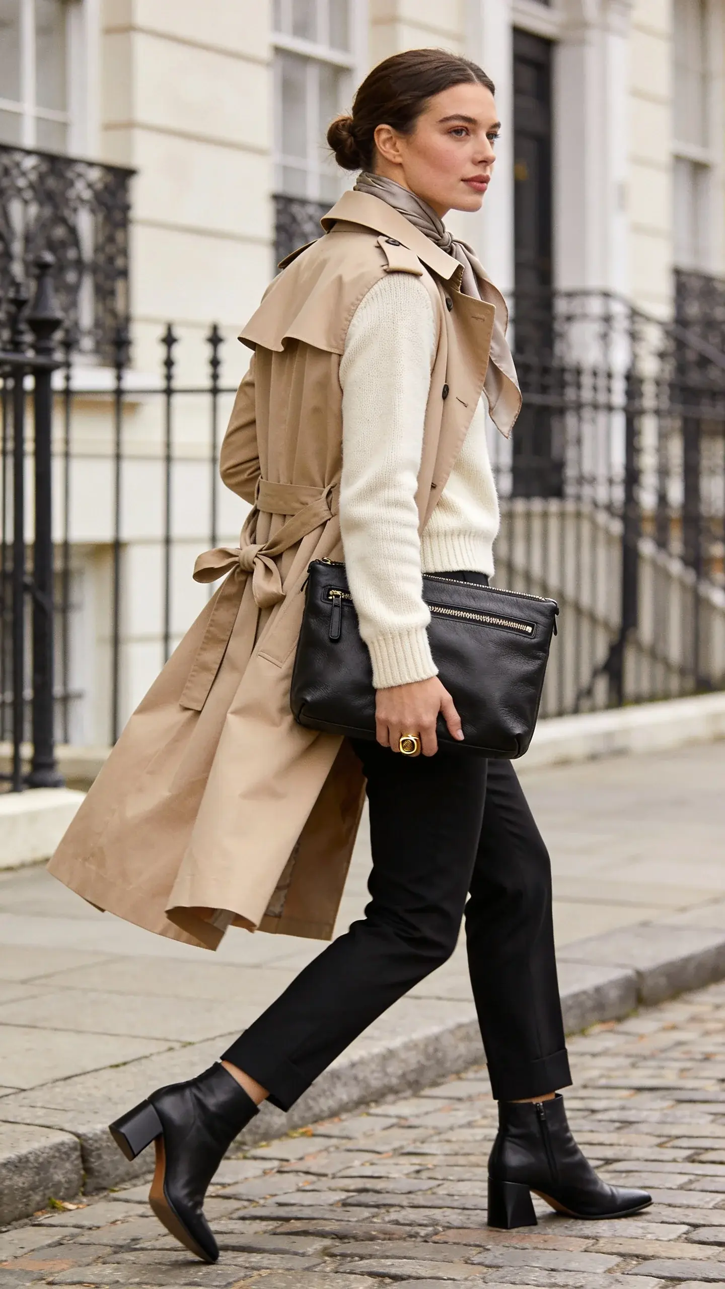 Realistic street-style photo of a woman embodying quiet luxury in an off-duty trench look, captured in soft overcast daylight on a cobblestone sidewalk in an upscale city neighborhood with classic townhouses and wrought-iron railings. She wears a classic beige trench coat with a crisp collar, belt tied in a loose knot at the back, layered over a fine-gauge merino crewneck sweater in soft cream. Tailored black cigarette pants skim the ankle, paired with black leather ankle boots featuring a low, sculpted heel. A muted neutral silk scarf is loosely knotted at the neck, barely peeking from the trench lapel. She carries a medium black leather top-zip satchel in the crook of her arm; on her hand, a subtle yellow-gold signet ring catches the light. Minimal makeup with a natural matte finish, softly groomed brows, nude lip; hair in a tidy low chignon. Color palette: beige, cream, black, and taupe. Composition: three-quarter candid stride, shallow depth of field, subject in sharp focus with gentle motion in the trench hem; soft, diffused highlights on leather and silk; no logos or text; editorial fashion photography, 50mm lens look, high-resolution, elegant and timeless mood.