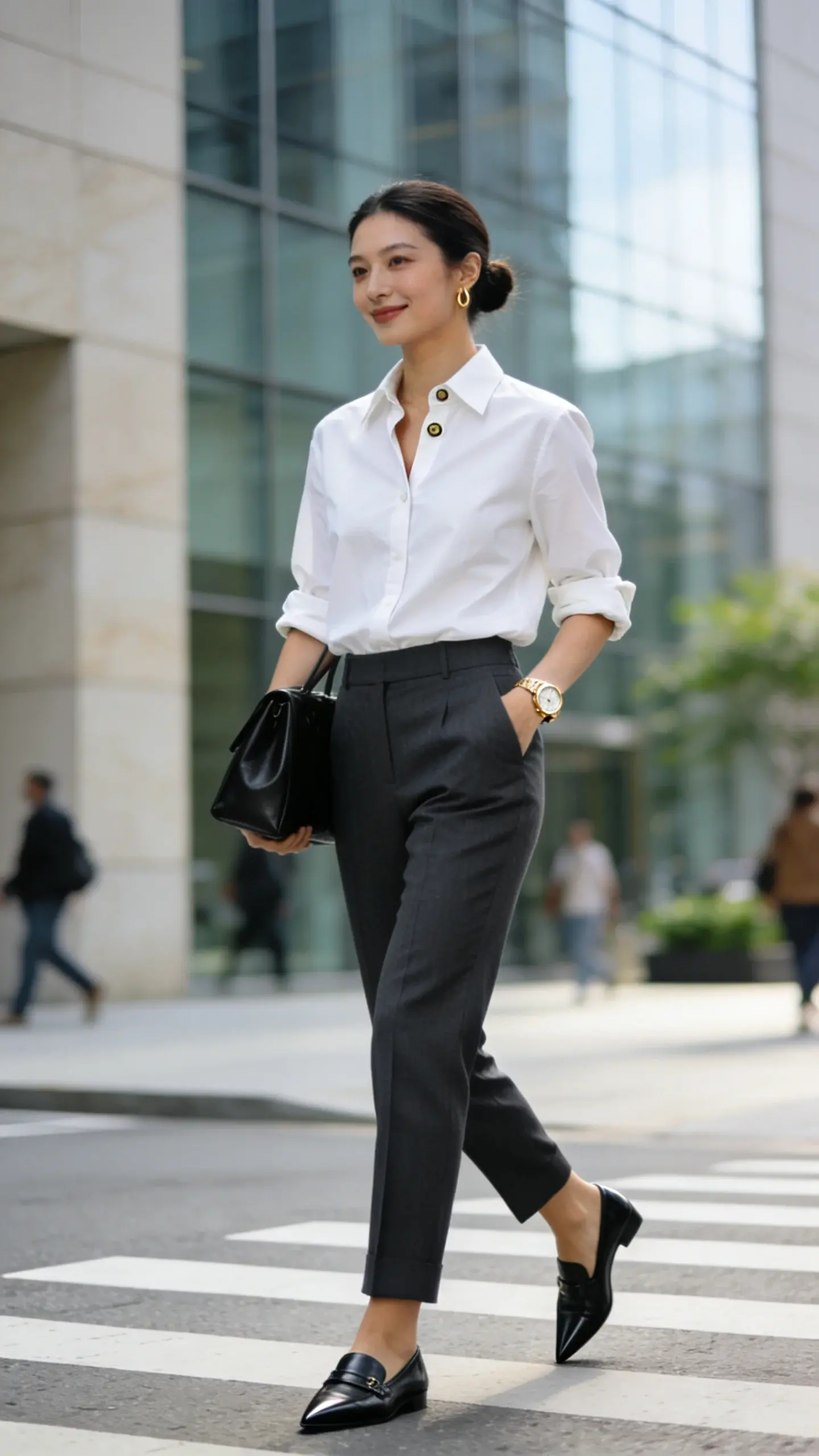 Realistic street-style fashion photo of a woman in an iconic white shirt and tailored trousers, captured in soft morning light outside a modern city office building with glass and stone textures. Subject: late-20s to mid-30s woman with a neat low bun and natural makeup, wearing a crisp cotton poplin white button-down with a slightly relaxed fit and a sturdy, structured collar, subtly tucked into high-waisted tailored charcoal wool trousers with a sharp crease. Footwear: black pointed-toe leather loafers. Accessories: structured black leather tote held at her elbow, minimal small gold hoop earrings, slim classic gold wristwatch. Styling details: sleeves rolled to mid-forearm, one or two buttons open at the neck for ease, trousers hem grazing the top of the loafers. Pose: mid-stride on a crosswalk, confident, looking slightly off-camera with a faint smile. Environment: clean, contemporary urban backdrop, blurred pedestrians and a hint of greenery; neutral color palette to emphasize the outfit’s polish. Lighting: natural, bright but diffused, gentle shadows for dimension. Composition: three-quarter body shot, shallow depth of field, high-resolution editorial aesthetic, no text.