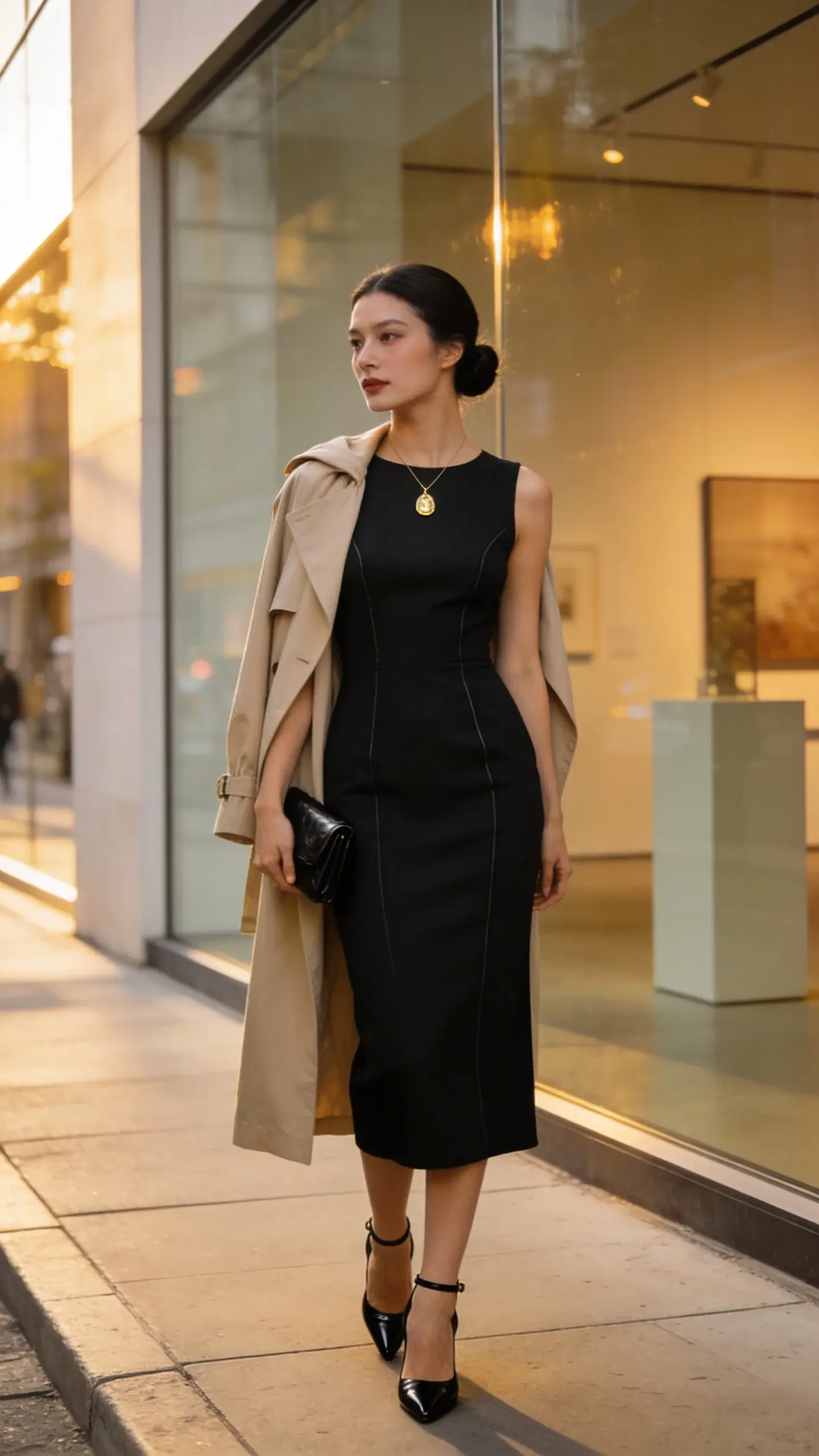 Realistic high-fashion street-style photo at golden hour of a woman wearing a timeless little black dress: a midi-length black sheath with subtle princess seams that skim the body, sleeveless, paired with black leather ankle-strap heels. She layers a lightweight beige trench draped over her shoulders (or tailored black blazer over one shoulder for an alternate frame), and wears a delicate gold pendant necklace. She carries a compact black leather clutch. The setting is an elegant city sidewalk outside a modern gallery with soft reflections on glass, shallow depth of field, natural warm light highlighting the dress’s clean lines and matte fabric, minimal color palette (black, beige, gold). Composition focuses on full outfit and tailoring details (darting at the bust, smooth waist shaping), with a confident, poised stance. Makeup is polished and understated; hair in a sleek low bun. Photorealistic, editorial quality, high resolution, 85mm lens look, soft shadows, no text.