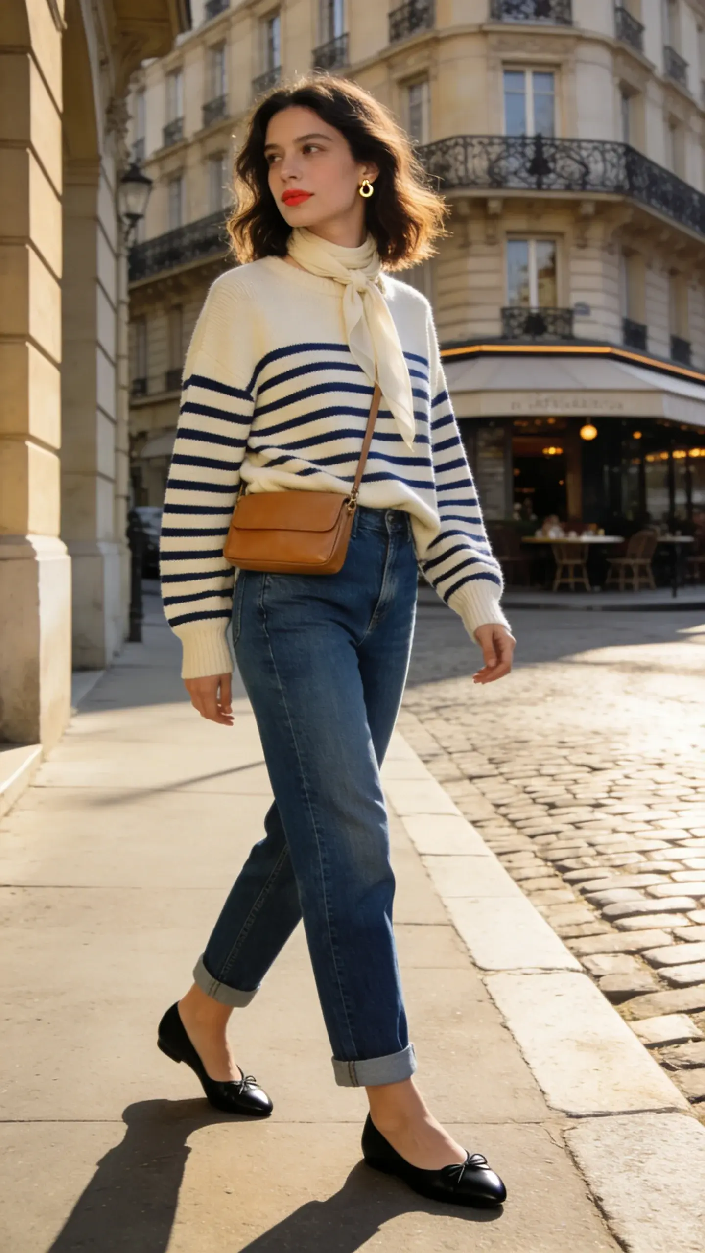 Realistic street-style fashion photo of a chic Parisian-inspired woman in her late 20s standing on a sunlit cobblestone sidewalk near a classic Haussmann building with wrought-iron balconies and a corner café in the background. She wears a slightly oversized Breton stripe long-sleeve knit (cream with navy stripes, thicker ribbed cotton), tucked casually into mid- to high-rise straight-leg blue jeans in a medium vintage wash. The jeans are tailored to skim the top of her shoes with a neat single cuff. Footwear: sleek black leather ballet flats with a subtle almond toe. Accessories: slim tan leather crossbody bag worn at hip height, simple gold stud earrings, and a lightweight cream scarf loosely tied at the neck (optional feel). Her hair is softly undone (shoulder-length, natural waves), minimal makeup with a hint of rosy lip, and a relaxed, confident posture mid-step as she glances away from camera. Lighting is soft and natural, golden hour with gentle shadows. Styling details: clean lines, quality denim texture visible, no logos, understated elegance. Camera: full-body, slightly low angle to elongate the silhouette, shallow depth of field to softly blur the Parisian background. Color palette: navy, cream, medium blue denim, black, tan. Mood: effortless, timeless, French-girl nonchalance. High-resolution, realistic, editorial-quality photograph. No text.