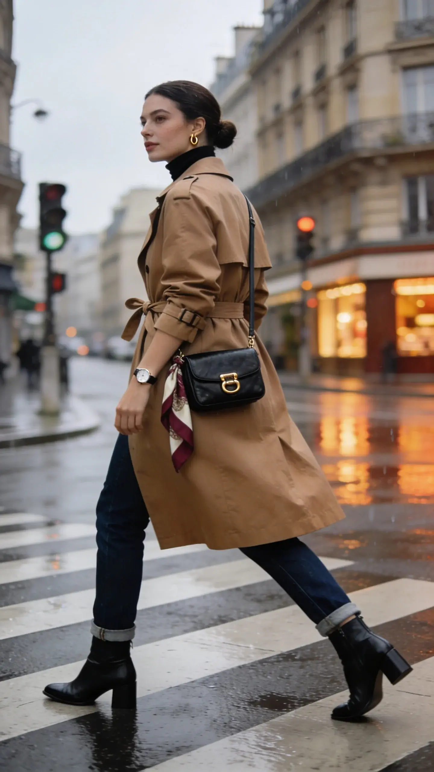 Realistic street-style photo of a confident woman as the main character walking across a Parisian crosswalk on an overcast afternoon, wearing a classic camel trench coat, mid-calf length, belt tied in the back for a clean front. Underneath, a slim black turtleneck tucked into dark-wash slim-straight jeans with a subtle ankle crop. On her feet: sleek black leather ankle boots with a low block heel. She carries a structured black leather crossbody/small satchel with gold hardware at hip level. Optional accessory: a silk scarf in muted burgundy and cream peeking from the bag strap. Minimal jewelry: small gold hoops, a thin watch. Hair in a polished low bun, natural makeup with soft eyeliner and nude lips. Color palette: camel, black, deep indigo denim with subtle whiskering. She strides with purpose, trench moving slightly, creating cinematic energy. Background: Haussmann-style buildings, soft bokeh traffic lights, light rain sheen on pavement reflecting warm storefronts. Natural soft light, shallow depth of field, 50mm lens look, high-resolution editorial fashion photography, no text.