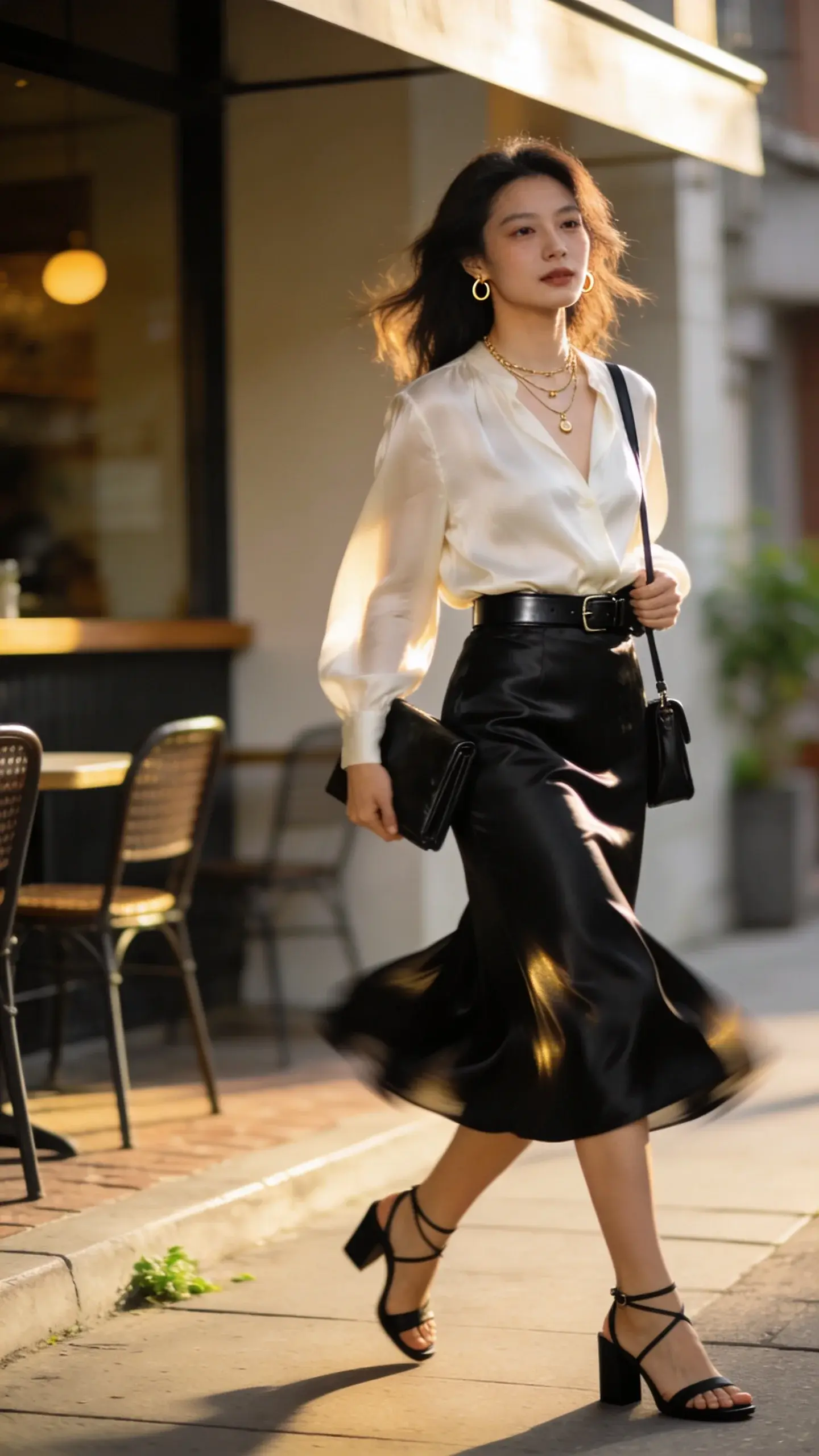 Realistic street-style photo at golden hour of a woman in a fluid, feminine silk blouse and bias-cut midi skirt that moves like a dream, captured mid-stride on a city sidewalk outside a minimalist café. She wears a cream silk blouse tucked cleanly into a black satin bias-cut midi skirt that skims and swishes at mid-calf, paired with black strappy block-heel sandals. Accessories: delicate layered gold necklaces, small gold hoop earrings, slim black leather belt subtly securing the tuck, and a minimal black leather clutch held at her side; optional slim black shoulder bag with a short strap tucked under her arm. Hair softly blown out, natural makeup with a soft glow. Proportions balanced: relaxed drape on top, defined waist, fluid skirt movement. Lighting warm and directional, creating soft highlights on the silk and gentle motion blur in the skirt; shallow depth of field with the background softly defocused (bistro chairs, pavement, subtle greenery). Color palette: cream, black, soft gold accents. Photographed on a full-frame camera, 85mm lens, editorial fashion quality, no text, hyper-realistic textures and fabric sheen.