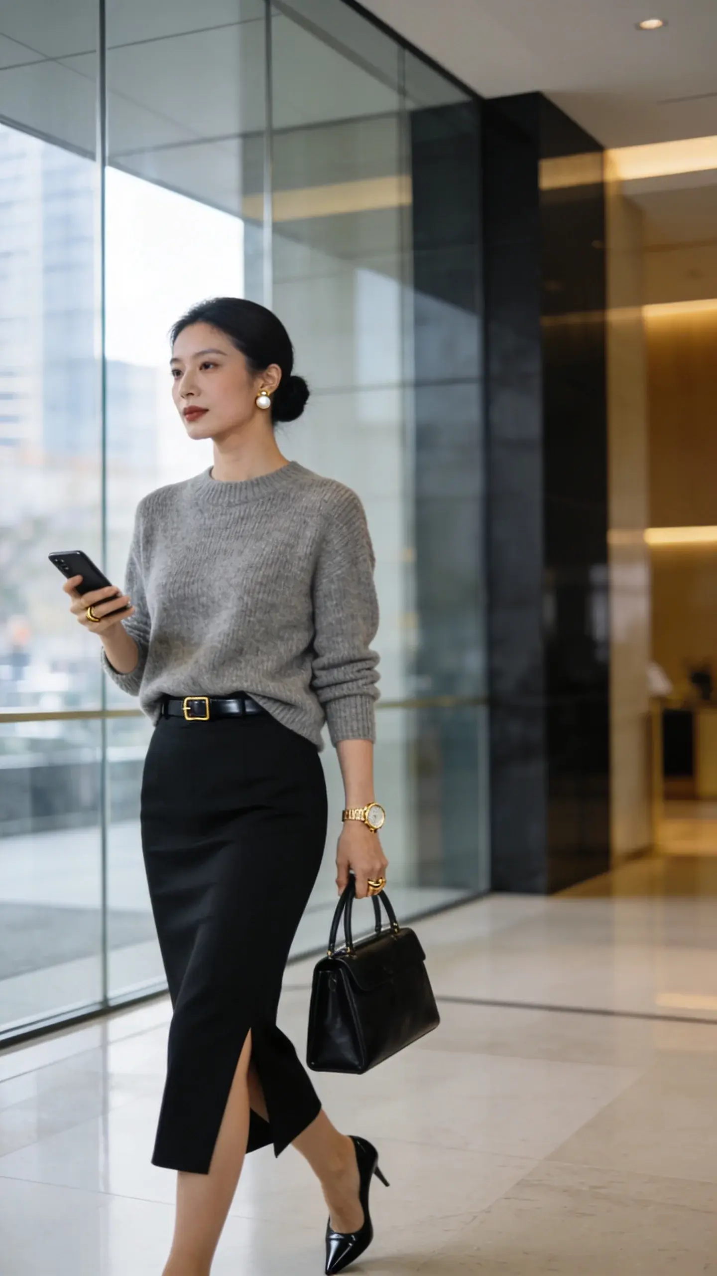 Realistic high-fashion street-style photo of a confident CEO-level woman in a cashmere sweater and pencil skirt, walking through a modern corporate lobby with soft natural window light. She wears a fine-knit heather gray cashmere crewneck sweater, slightly front-tucked, paired with a high-waisted black pencil skirt with a subtle back slit, knee to midi length. On her feet: black leather pointed-toe pumps. A slim black leather belt with a minimal gold buckle defines her waist. She carries a structured black top-handle bag in one hand, phone in the other. Jewelry is understated: pearl stud earrings, a delicate gold watch, and a thin gold ring. Hair is sleek in a low bun, makeup polished and natural with a soft matte finish. The overall palette is black, gray, and gold accents. Background features glass, clean architectural lines, and a hint of cityscape outside. Composition is three-quarter length, eye-level, with shallow depth of field to keep the subject crisp and background softly blurred. Emphasize impeccable tailoring, luxe knit texture, and the poised, powerful-yet-soft vibe. No text, hyper-real, editorial quality, 50mm lens look, soft directional lighting.