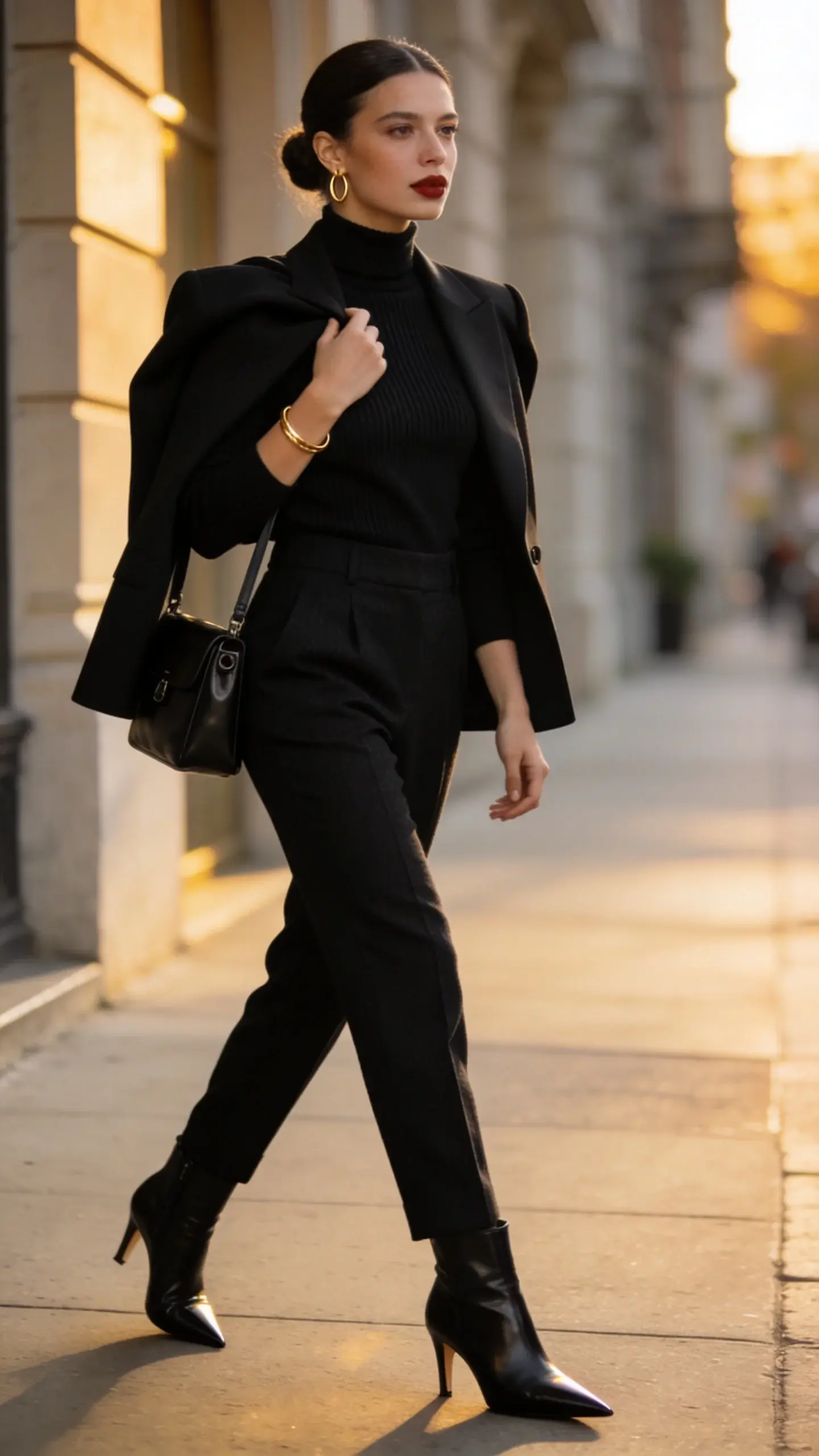 Realistic high-fashion street-style photo of a stylish woman embodying timeless style in an all-black power uniform, shot at golden hour on a clean city sidewalk with soft architectural backdrops. She wears a fitted black ribbed turtleneck tucked into high-waisted black tailored wool trousers with a sharp crease, a structured black single-breasted blazer with defined shoulders draped over her shoulders, and sleek black leather ankle boots with a pointed toe and mid-heel. Textural mix is emphasized: matte ribbed knit, smooth worsted wool, and glossy leather. She carries a minimalist black leather shoulder bag with subtle hardware. Jewelry is minimal and metallic: thin gold hoop earrings and a single gold cuff bracelet as the lone accent. Hair is neat in a low, polished bun; makeup natural with a soft matte finish and a muted berry lip. Pose is confident, mid-stride with one hand grazing the blazer lapel, eyes forward. Lighting is soft and directional, creating gentle shadows that highlight texture and tailoring. Color palette is monochrome black with a warm gold glint from jewelry. Background softly blurred to keep focus on outfit; no logos or text. Ultra-detailed, 50mm lens look, high-resolution editorial fashion photography.