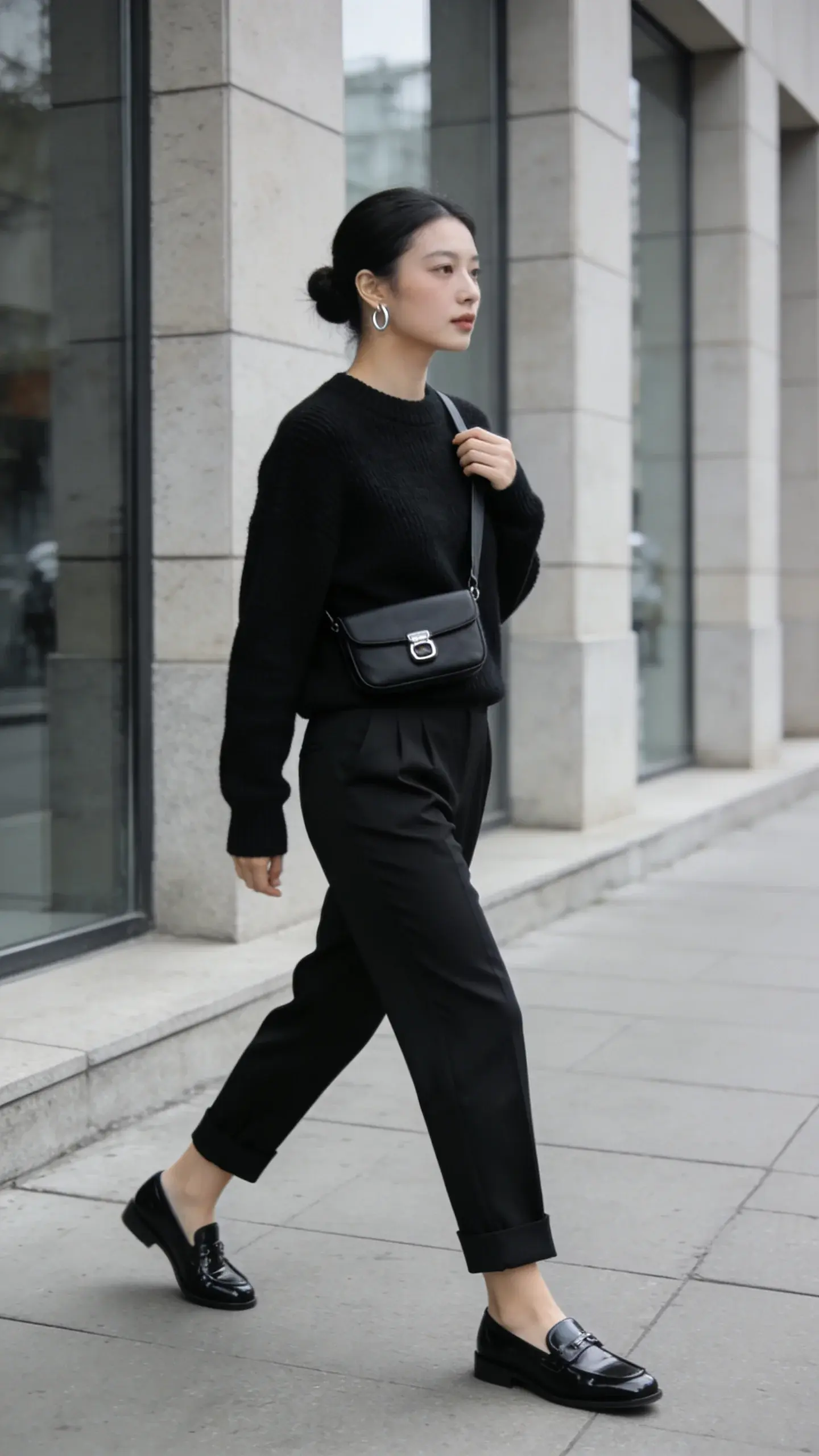 Realistic street-style fashion photo of a minimalist woman wearing a head-to-toe black monochrome look: structured black crewneck fine-knit sweater tucked into black tailored cigarette trousers with a matte finish, sleek black leather penny loafers, minimal small silver hoop earrings, and a black crossbody bag with clean, understated hardware worn across the torso. Silhouette is slim but not tight, subtle drape at the trouser leg, slight crop at the ankle. Textural contrast between the soft knit and matte trouser, polished leather loafers add shine. Hair in a low, neat bun; natural makeup with soft matte skin. Shot outdoors in soft overcast daylight on a modern urban sidewalk with neutral stone facade and glass reflections, shallow depth of field, full-body three-quarter angle, natural walking pose with one hand lightly adjusting the strap. High-resolution, editorial quality, muted color palette, no text.