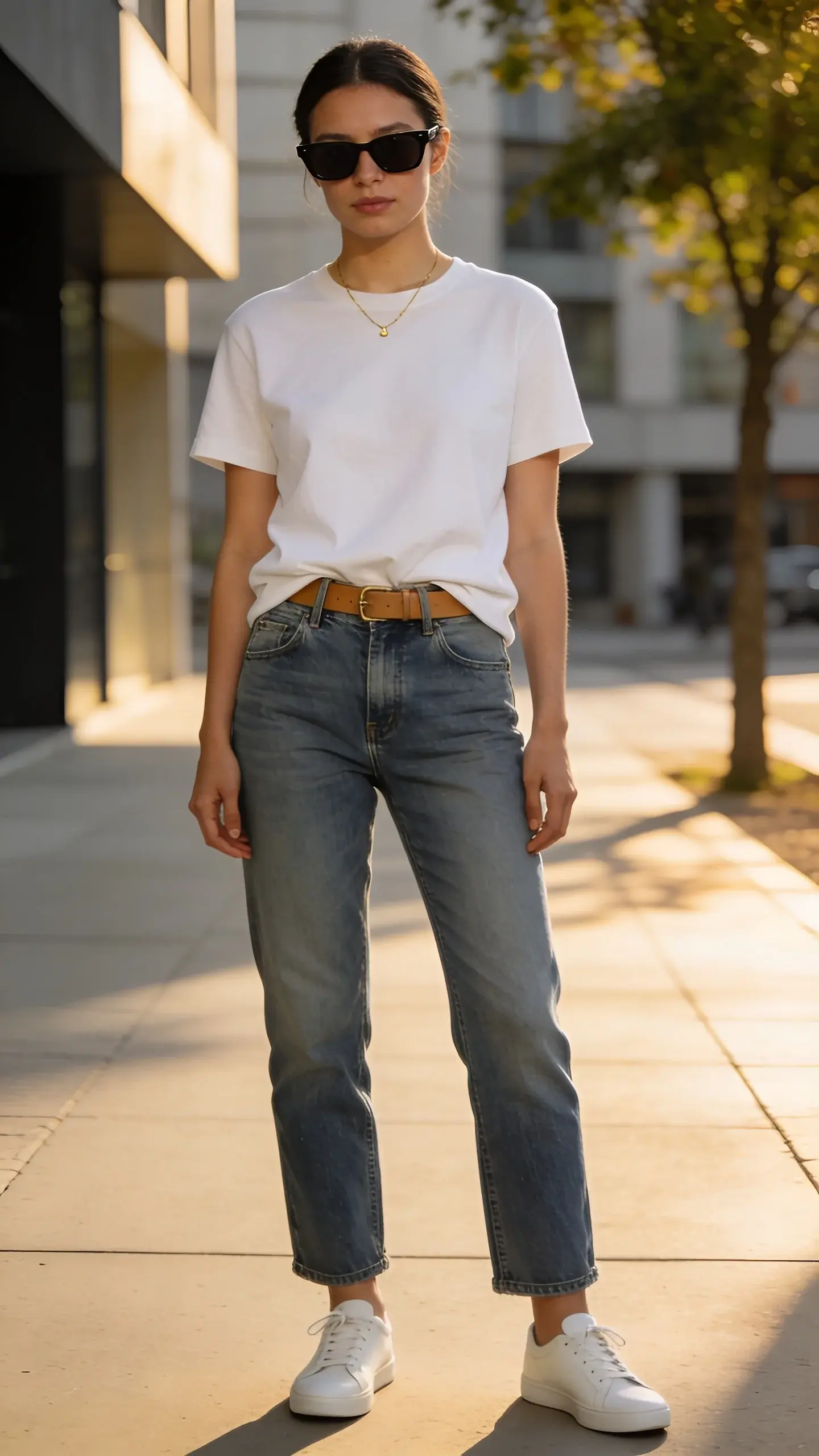 Realistic street-style photo of a minimalist woman in her late 20s with a clean, natural look, standing on a sunlit city sidewalk. She wears a crisp white heavyweight crewneck tee in a relaxed fit, half-tucked in front to define the waist, paired with mid-wash, straight-leg rigid denim that hits right at the ankle. A slim tan leather belt peeks through the waistband. On her feet: pristine white low-top leather sneakers. Accessories are subtle: a delicate thin gold chain necklace resting at the collarbone and sleek black rectangular sunglasses. She carries no bag, hands casually at her sides, posture relaxed and confident. Lighting is soft golden hour with gentle shadow, colors neutral and true-to-life. Background is slightly blurred contemporary architecture and a leafy tree, emphasizing her outfit’s clean lines and texture details (crisp tee knit, sturdy denim grain, smooth leather belt, matte-finish sneakers). Shot at mid-length, eye-level, with a shallow depth of field for a refined, editorial yet lived-in minimalist aesthetic. No text.