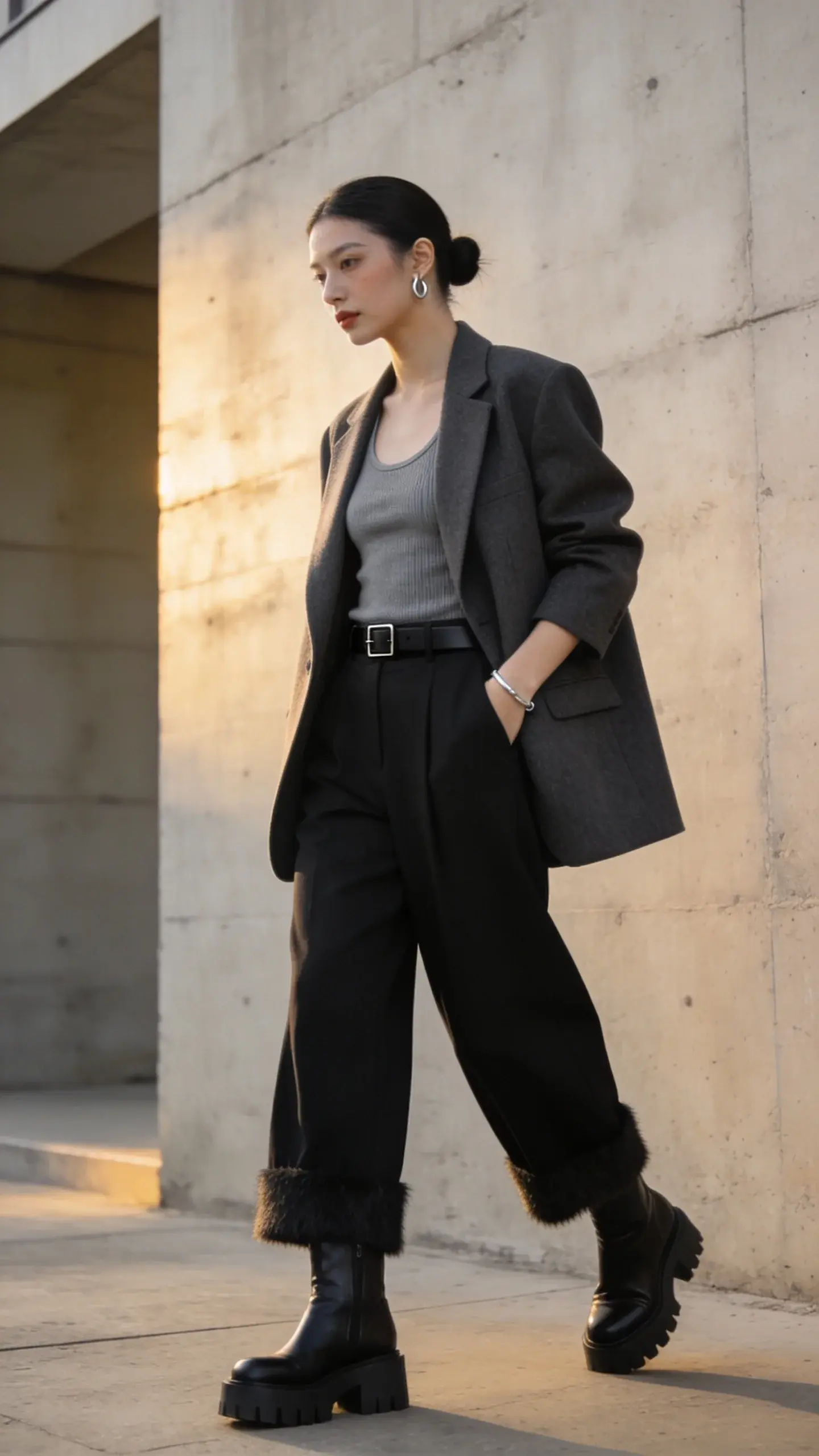 Realistic high‑fashion street style photo of a minimalist woman wearing “power blazer with soft basics” minimalist armor: an oversized charcoal blazer that falls past the hips over a fitted slate-gray tank, paired with black high-waisted wide-leg trousers hemmed to just brush the tops of chunky-sole black leather boots; thin black leather belt with a minimal matte buckle, a single simple cuff bracelet; no logos. Clean, composed look—relaxed yet strong. Natural makeup, sleek low bun, small silver hoops. Shot at golden hour in an urban setting with soft side light: textured concrete wall and a subtle architectural backdrop, shallow depth of field, slightly low angle to elongate proportions. Neutral, desaturated color palette, crisp tailoring emphasized, fabric textures visible (smooth wool blazer, soft ribbed tank, drapey trouser wool). Photorealistic, 50mm lens, editorial quality, high resolution, no text.