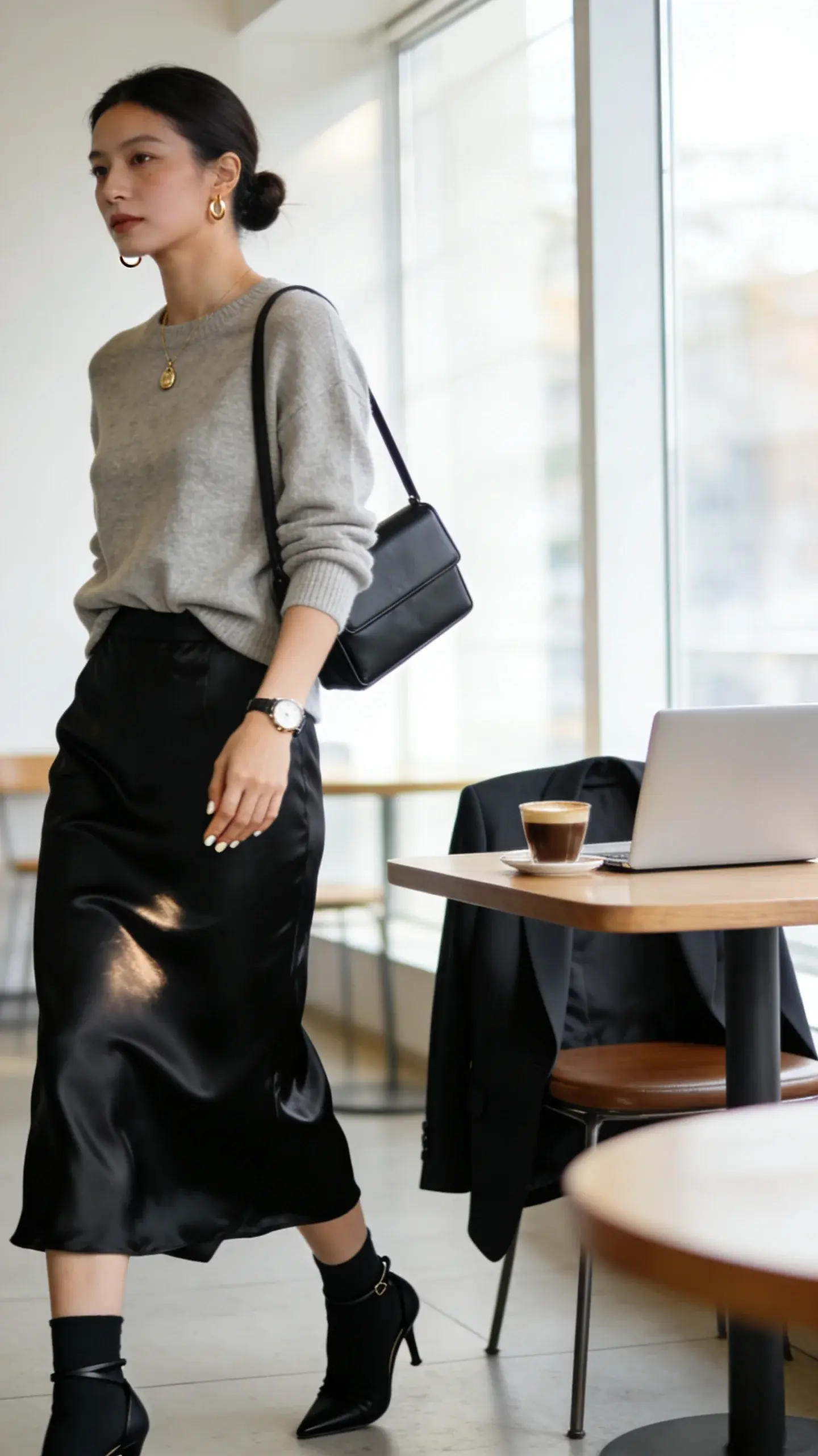 Realistic high‑quality fashion photo of a minimalist woman’s outfit for “Slip Skirt + Crewneck Combo That Eats Brunch And Boardrooms”: a modern, light-filled café-meets-office setting with soft morning light through large windows, neutral palette (warm whites, soft grays, matte black accents). Subject: stylish woman in her late 20s–30s, natural makeup, neat low bun, small gold hoops. Outfit: black bias-cut silky slip skirt that skims the hips and falls mid-calf with a fluid sheen; fine-gauge crewneck sweater in light gray slightly front-tucked to define the waist, back left loose for movement; black ankle-strap heels with slim straps (alternate shot option: sleek black sock boots); minimal gold pendant necklace; boxy black mini shoulder bag with clean lines worn on the shoulder. Styling details: delicate watch, clean short nails, subtle texture contrast between matte knit and glossy skirt. Pose: mid-stride or standing at a café table with a laptop and espresso, blazer draped over chair to suggest boardroom readiness; confident posture, relaxed expression. Composition: three-quarter body, eye-level, shallow depth of field with soft bokeh; emphasize fabric drape, bias cut, and front tuck. Lighting: natural soft directional light with gentle highlights on the silk; color grade clean and neutral. No text, no logos.