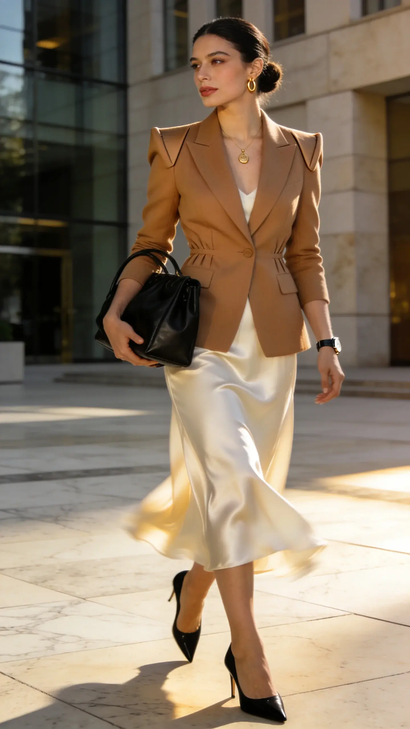 Realistic high-fashion street style photo of an elegant woman in her early 30s, poised and confident, walking across a sunlit marble plaza outside a modern office building with glass and stone facades. She wears a single-breasted tailored blazer in camel with sharp shoulders and a nipped waist over a cream silk midi slip skirt that moves fluidly in a gentle breeze. On her feet: black pointed-toe slingback kitten heels. Accessories: delicate gold pendant necklace, thin gold hoop earrings, a structured black leather tote carried in the crook of her arm, and a slim watch. Beauty: soft, polished makeup with a natural glow, subtle eyeliner, nude lip; hair in a sleek low bun. Lighting: golden-hour directional light creating soft highlights on the satin skirt and blazer lapels, natural shadows for depth. Composition: three-quarter body shot at eye level, slight motion blur at the hem of the skirt to emphasize movement, shallow depth of field with the architectural background softly out of focus. Color palette: camel, cream, black, and warm neutrals for a refined, luxurious mood. Ultra-detailed textures of wool blazer and silk satin, crisp focus on tailoring and jewelry, no text, editorial fashion photography style.