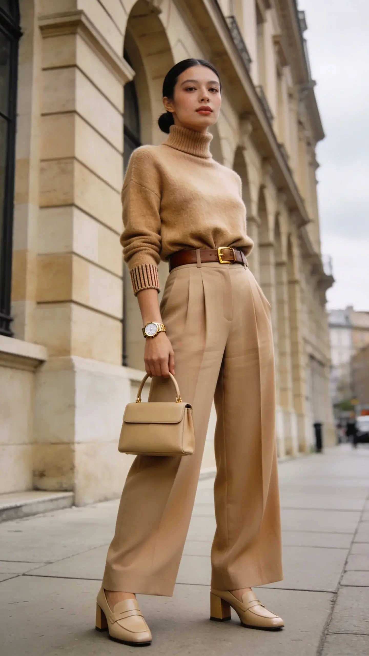 Realistic high-fashion street-style photo of an elegant woman in a monochrome column outfit, photographed in soft overcast daylight on a clean city sidewalk with sandstone architecture in the background. She wears a lightweight cashmere turtleneck sweater in warm beige, subtly ribbed at the cuffs and hem, French-tucked at the front to reveal a slim leather belt with a minimal gold buckle. Her high-waisted, wide-leg trousers match the sweater’s tone exactly, with crisp front pleats and a fluid drape that skims over block-heel leather loafers in coordinating beige. A delicate gold bracelet watch peeks from her sleeve; no other jewelry. Her hair is sleek in a low bun, natural makeup with soft matte skin and neutral lips. She carries a structured mini top-handle bag in the same beige family. Composition emphasizes a long, lean silhouette—camera at mid-thigh level, slight upward angle to elongate the body, shallow depth of field, natural color grading with warm neutrals. No text, no logos, ultra-detailed textures of cashmere and tailored wool, 50mm lens, high resolution.
