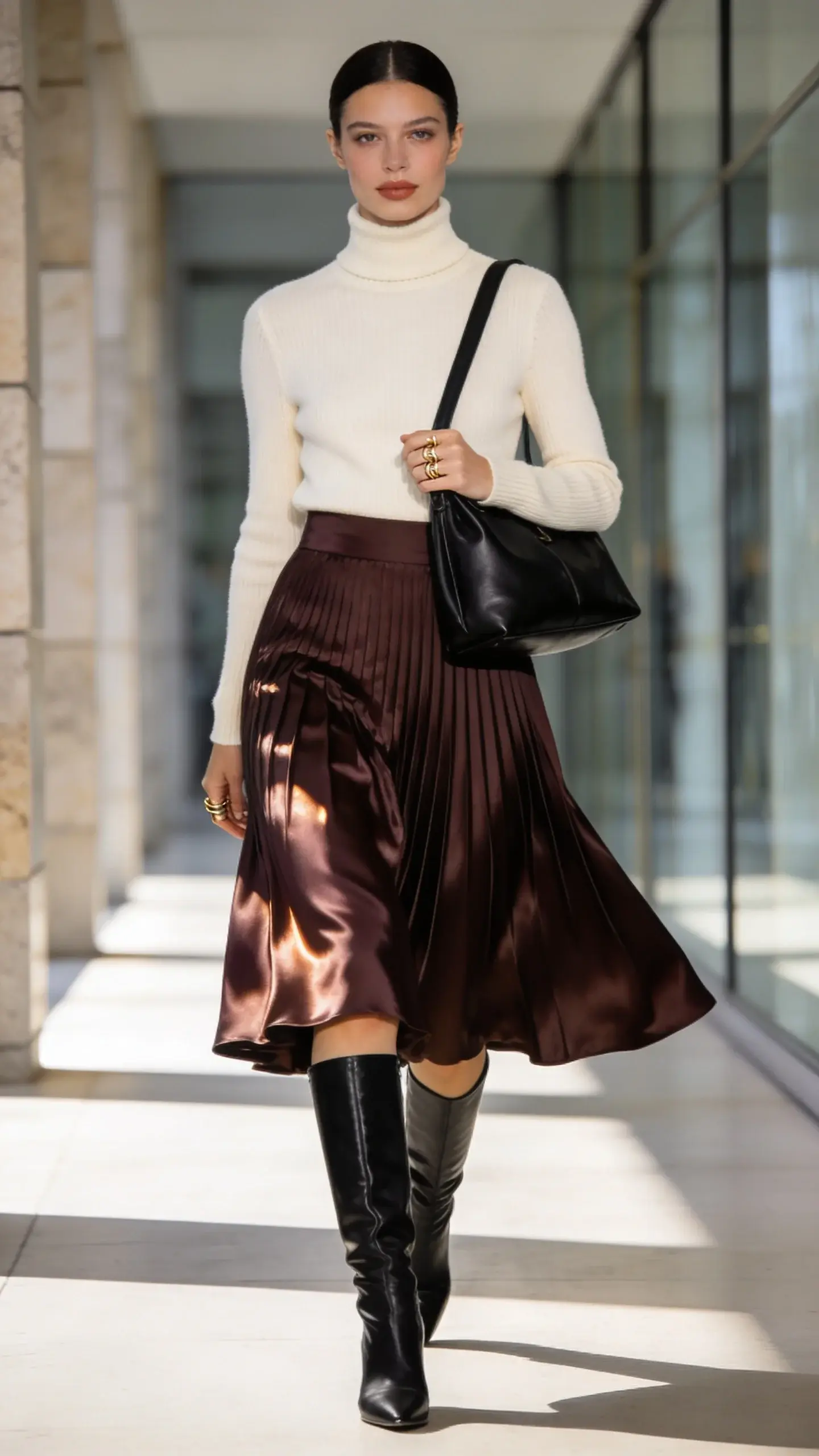 Realistic high-fashion street-style photo of an elegant woman in her 30s walking down a softly sunlit modern hallway that feels like a runway, captured mid-stride for natural movement. She wears a swishy pleated satin midi skirt in deep espresso brown that catches the light, paired with a fitted fine-knit turtleneck in creamy ivory, fully tucked to define the waist. On her feet: sleek knee-high leather boots with a slim shaft in rich black. Accessories: a structured black leather shoulder bag with minimal hardware tucked under her arm, and a stack of thin gold rings on one hand. Hair is smooth and tucked behind the ears; makeup is polished with a soft matte finish and neutral tones. Lighting is bright yet diffused, with gentle reflections on the satin skirt; shallow depth of field to keep the woman crisp against a blurred architectural background of glass and stone. Color palette is neutral and refined: espresso, ivory, black, subtle gold. Emphasize texture contrast between satin skirt, fine-gauge knit, and leather boots. No visible logos or text. Shot on a full-frame camera, 85mm lens, eye-level perspective, ultra-detailed, editorial realism.