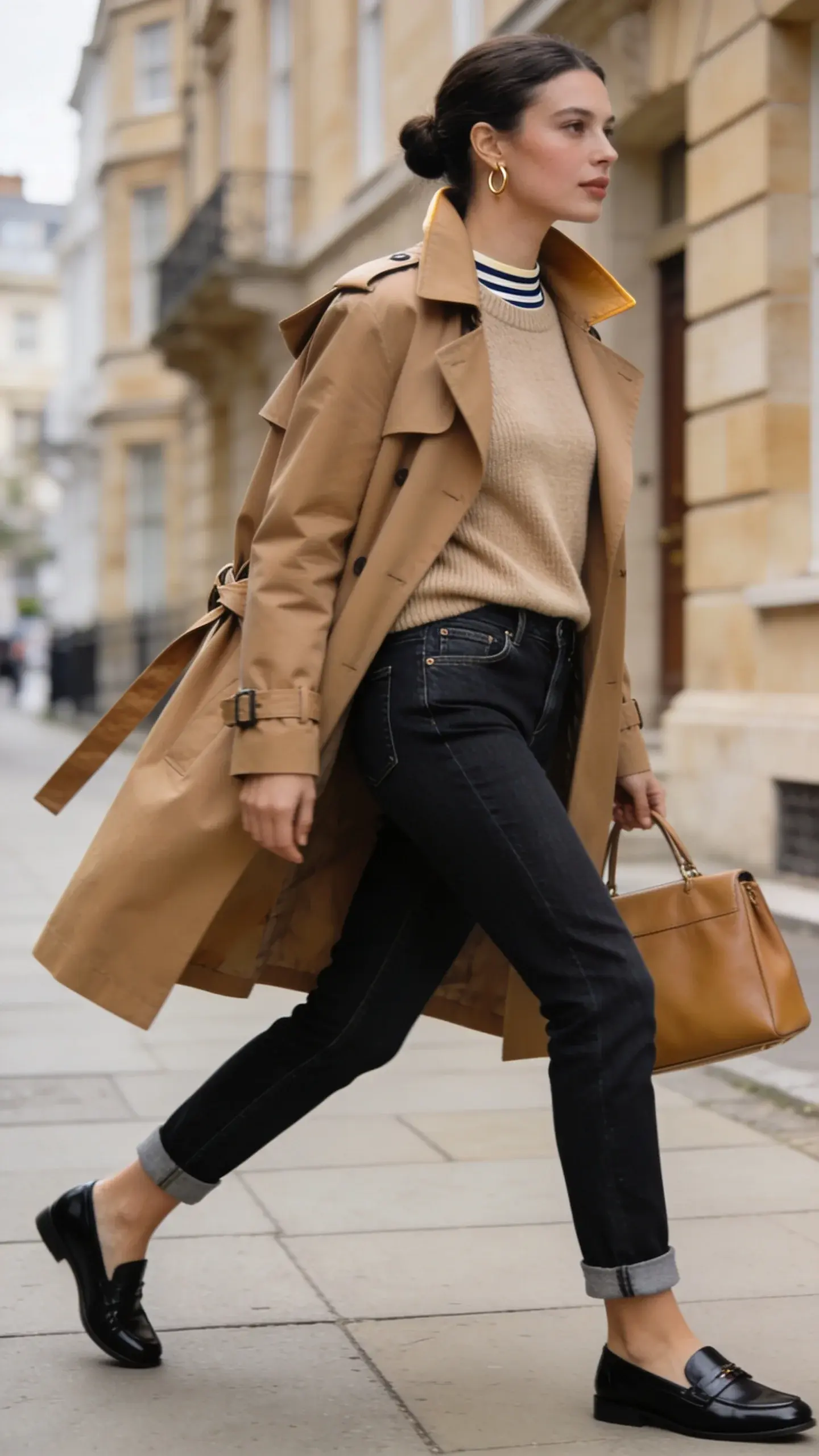 A realistic, high-quality street-style fashion photo of an elegant woman in her early 30s wearing a classic camel trench coat layered over a refined merino crewneck sweater, paired with dark indigo slim straight-leg tailored jeans (rigid, minimal whiskering) cuffed once to skim the ankle. She finishes the look with polished black leather loafers and carries a structured medium satchel in smooth tan leather. The setting is an upscale city sidewalk near sandstone townhouses with soft morning light, slightly overcast for even tones. Her hair is sleek in a low bun, minimal gold hoop earrings, natural makeup with a soft matte finish. The trench is belted loosely at the back for movement; collar slightly popped. The jeans have a clean high rise and crisp seams; no rips. Subtle Breton stripe peeks at the neckline if the sweater is swapped for a tee in alternating navy/ivory. Color palette: camel, dark indigo, black, tan, and cream. Photographed at eye level with a 50mm lens for a documentary street-style feel, shallow depth of field to softly blur background, capturing mid-stride motion and a confident, effortless expression. No text.