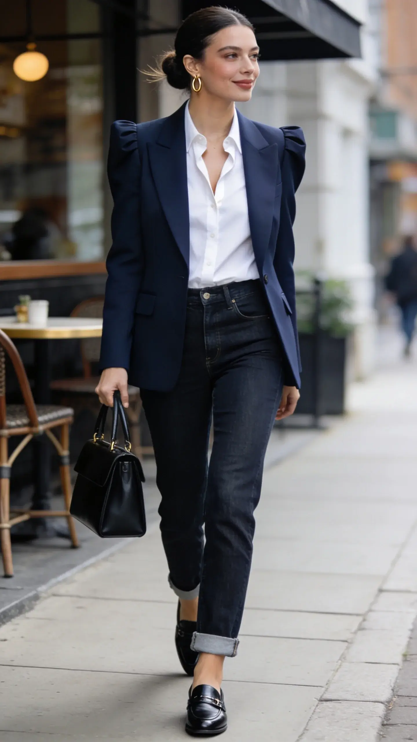 Realistic high-quality fashion street-style photo of an elegant woman embodying timeless classic style, wearing a tailored navy blazer with structured shoulders over a crisp white button-down shirt slightly unbuttoned at the collar, paired with straight-leg dark-wash jeans cuffed to show a sliver of ankle. Footwear: sleek black leather loafers. Accessories: minimal gold hoop earrings and a structured black top-handle bag carried in hand. Setting: upscale city sidewalk near a cafe on a bright overcast afternoon, soft natural light, shallow depth of field, subtle motion in hair. Styling details: blazer perfectly fitted, shirt neatly tucked, jeans mid-rise with clean hem cuff, polished makeup with neutral tones, hair in a smooth low bun. Color palette: navy, white, deep indigo denim, black, warm gold accents. Pose: mid-stride, relaxed confidence, slight smile, looking off-camera. Shot on a 50mm lens, f/2.8, cinematic composition, editorial quality, no text.