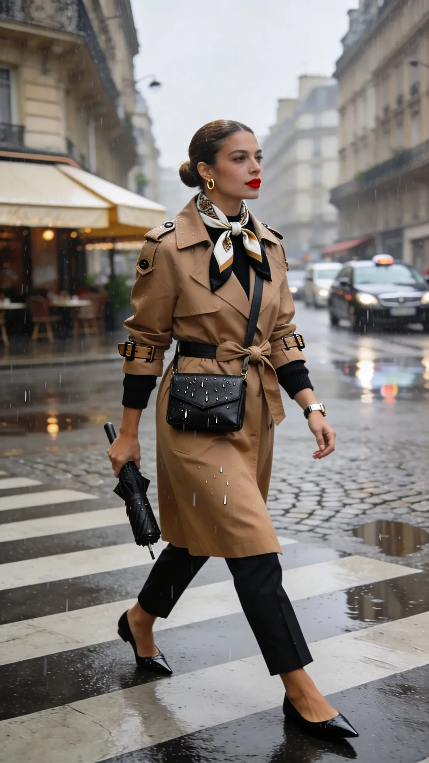 Realistic street-style fashion photo of a woman embodying timeless classic style during a light drizzle in a European city street (Parisian Haussmann backdrop, wet cobblestones glistening). She’s the main subject, mid-30s, poised and confident, light-to-medium skin tone, sleek low bun, minimal makeup with a subtle red lip. She wears a camel belted trench coat (mid-calf, storm flap, epaulettes) tied in a relaxed knot, revealing a black crewneck sweater and tailored black cigarette pants. On her feet: black pointed-toe flats. A silk scarf in a classic print (cream, black, camel) subtly peeks from the trench collar, with a second knot option tied to the strap of a structured black leather crossbody bag worn at hip. Accessories: small gold hoop earrings, slim watch. She strides across the crosswalk holding a compact black umbrella at her side, raindrops visible, natural overcast lighting with soft contrast. Color palette: camel, black, cream. Depth of field: shallow, crisp subject with softly blurred city background (café awning, taxi, reflections in puddles). Cinematic composition, eye-level angle, high-resolution fashion editorial style. No text.