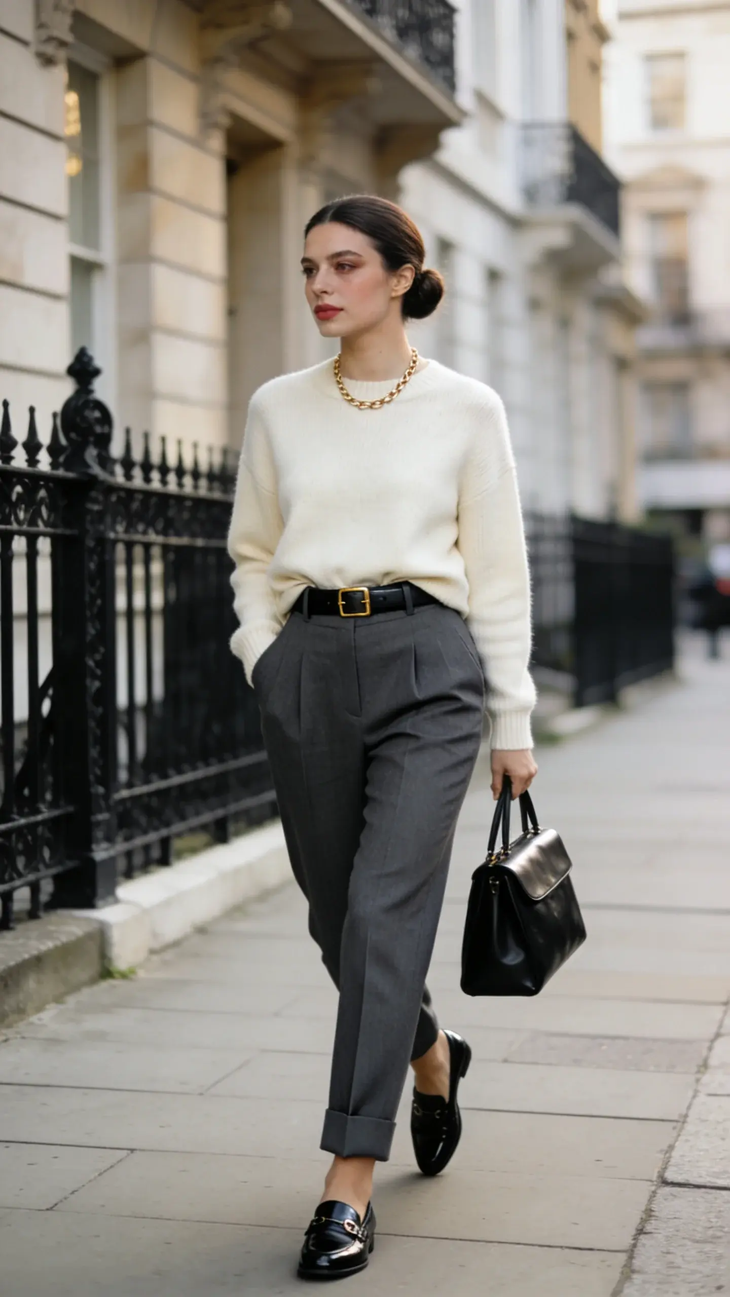 A realistic, high-resolution street-style fashion photo of an elegant woman in her early 30s embodying timeless classic style, walking along an upscale city sidewalk near limestone townhouses and a black wrought-iron fence in soft morning light. She wears a cream cashmere crewneck sweater (lightweight, gently steamed, slight sheen) French-tucked into high-waisted, charcoal gray wool trousers with a clean pleat and a tailored break just touching the top of the shoe. A slim black leather belt with minimal gold hardware, black leather loafers (or sleek black Chelsea boots, polished), a simple short gold chain necklace, and a structured black leather tote carried in one hand. Her makeup is soft and neutral (sheer skin, subtle taupe eyes, muted rose lip), hair in a smooth low bun. Color palette: cream, charcoal, black, and warm gold accents. Natural movement in fabric, refined posture, shallow depth of field with gentle bokeh, crisp textures of knit and wool visible, soft directional lighting that flatters and highlights the drape. No logos or text, editorial fashion photography style.