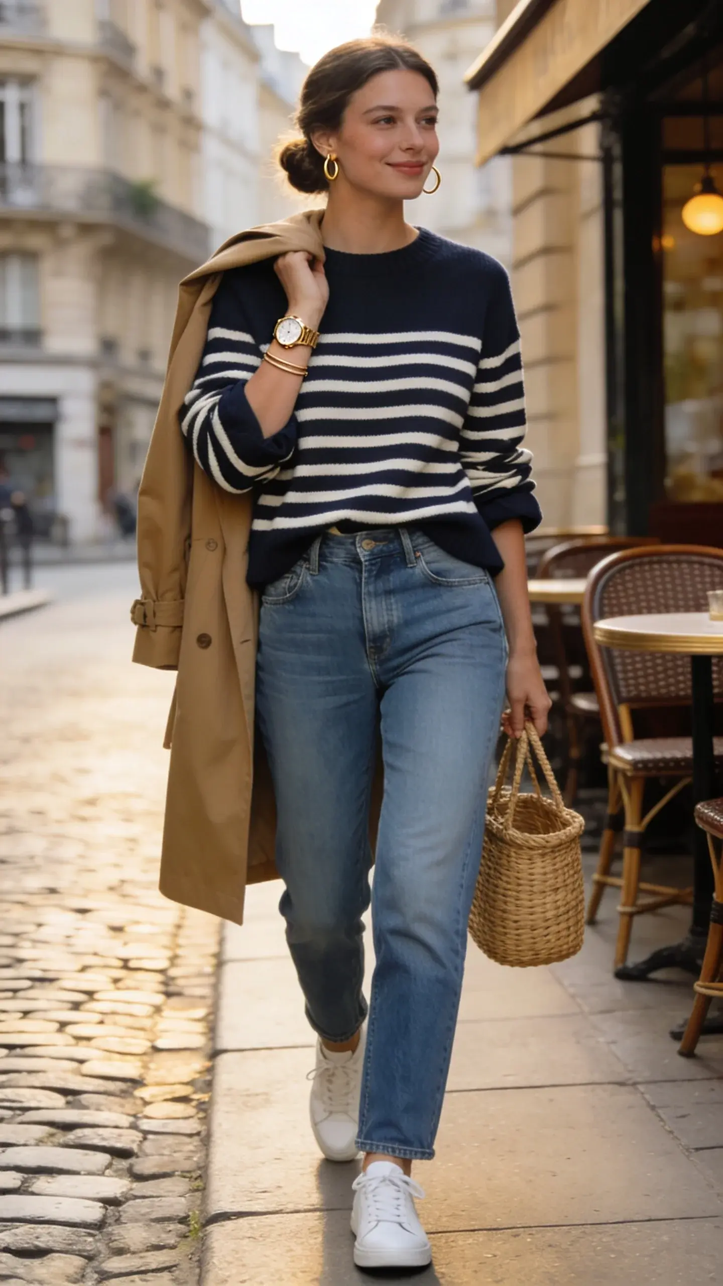 Realistic street-style fashion photo of a chic woman embodying timeless classic style, wearing a navy-and-white Breton striped knit with a slightly boxy fit that ends at the hip, half-tucked into high-rise straight blue jeans (clean, no distressing). She layers a tan trench coat draped over her shoulders, sleeves of the knit casually pushed up to reveal a delicate gold watch and a slim bracelet stack. Accessories: small gold hoop earrings, a woven basket bag carried in hand, and clean white leather sneakers (optional alternate: minimalist white loafers). Hair in a soft, effortless low bun, natural makeup with a fresh Parisian vibe. Setting: cobblestone Parisian street in soft morning light near a café with bistro chairs, subtle Haussmann architecture in the background, shallow depth of field for a refined editorial look. Pose: mid-stride or paused on the sidewalk, relaxed confidence, slight smile. Color palette: navy, cream, tan, light denim, warm gold. High-resolution 50mm lens look, soft contrast, natural textures, no visible logos or text.
