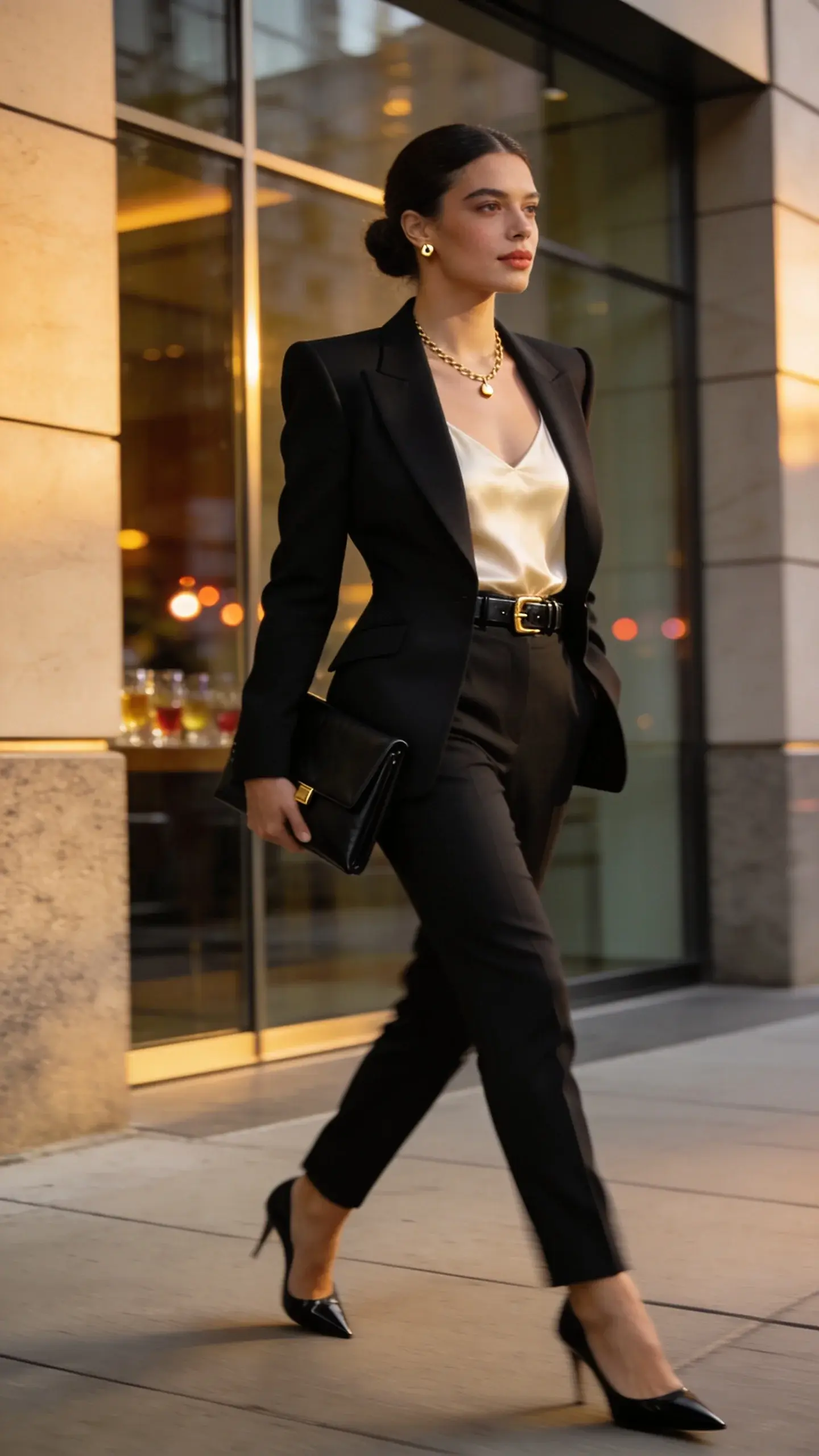 Realistic high-fashion street style photo at golden hour of a confident woman in her early 30s embodying timeless classic style, striding across a modern city sidewalk outside a glass-and-stone office building, wearing a flawlessly tailored monochrome suit: sharp-shouldered black blazer with a subtly nipped waist and clean lines, matching black straight-leg trousers with a hem that just grazes sleek black pointed-toe pumps. Underneath, a steamed cream silk camisole with a soft sheen peeks beneath the blazer. Accessories are minimal and refined: fine gold chain necklace, tiny gold stud earrings, slim black leather belt with understated gold hardware, and an envelope clutch in black leather with minimal hardware; optional slim work bag tucked under the opposite arm. The look is polished and powerfully feminine, hair in a smooth low bun, natural makeup with defined brows and a soft nude lip. Lighting emphasizes the suit’s structure and texture; slight motion blur on her stride; shallow depth of field with bokeh city lights hinting at after-work drinks in the background. Neutral, monochrome palette with subtle contrasts between matte wool suiting and lustrous silk cami; absolutely no visible logos or text; cinematic composition, editorial quality, 50mm lens, high resolution.